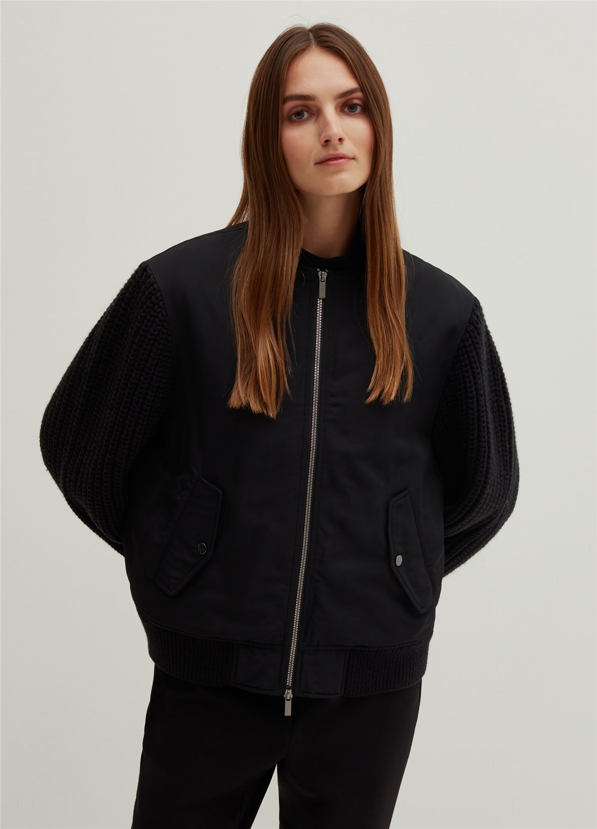 Jarse Kollu Oversize Siyah Bomber Ceket