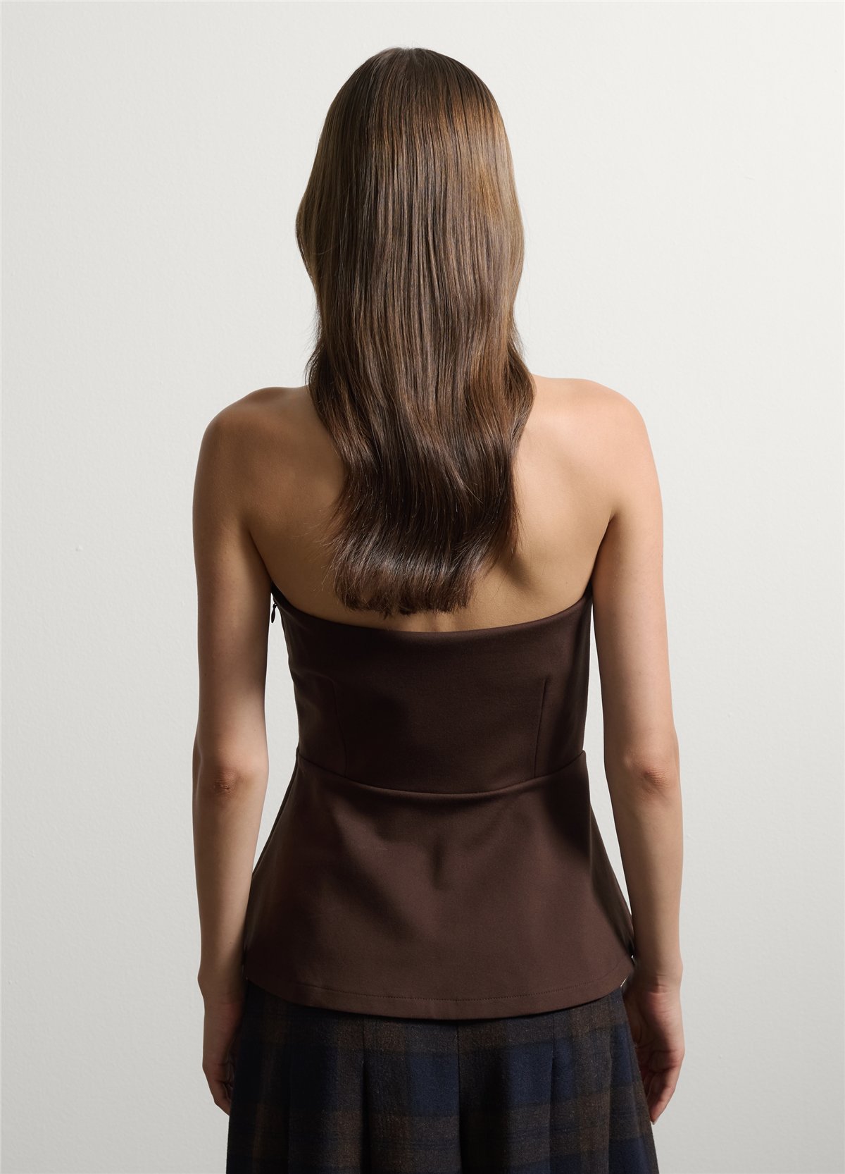 Kahverengi Esnek Viskon Slim Fit Bandeau Üst