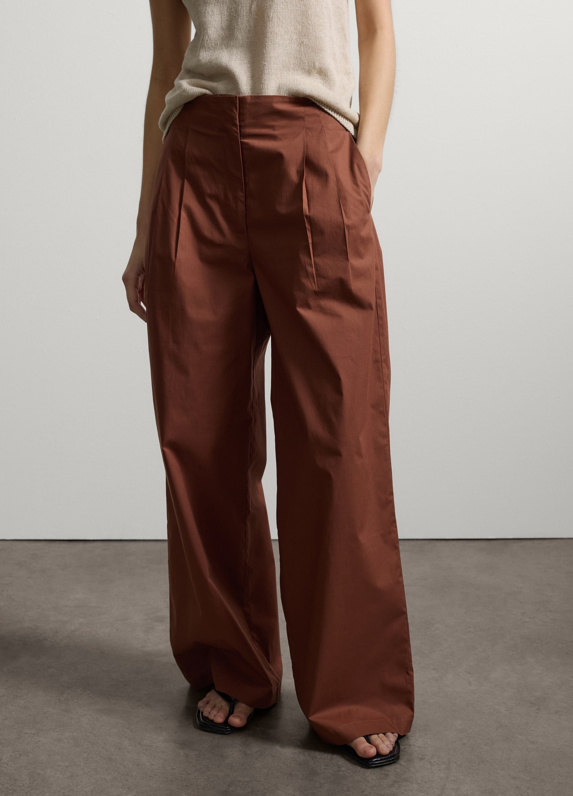 Kahverengi Saf Pamuk Bol Paça Pantolon