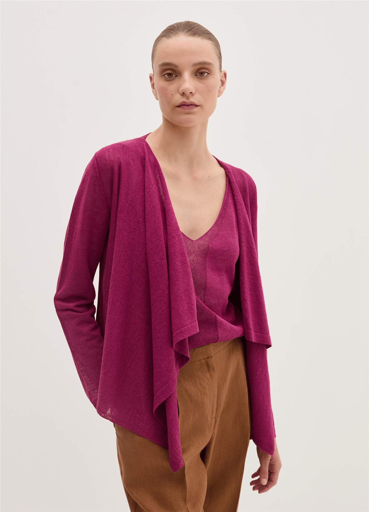 Keten Karışımlı Açık Model Pembe Hırka