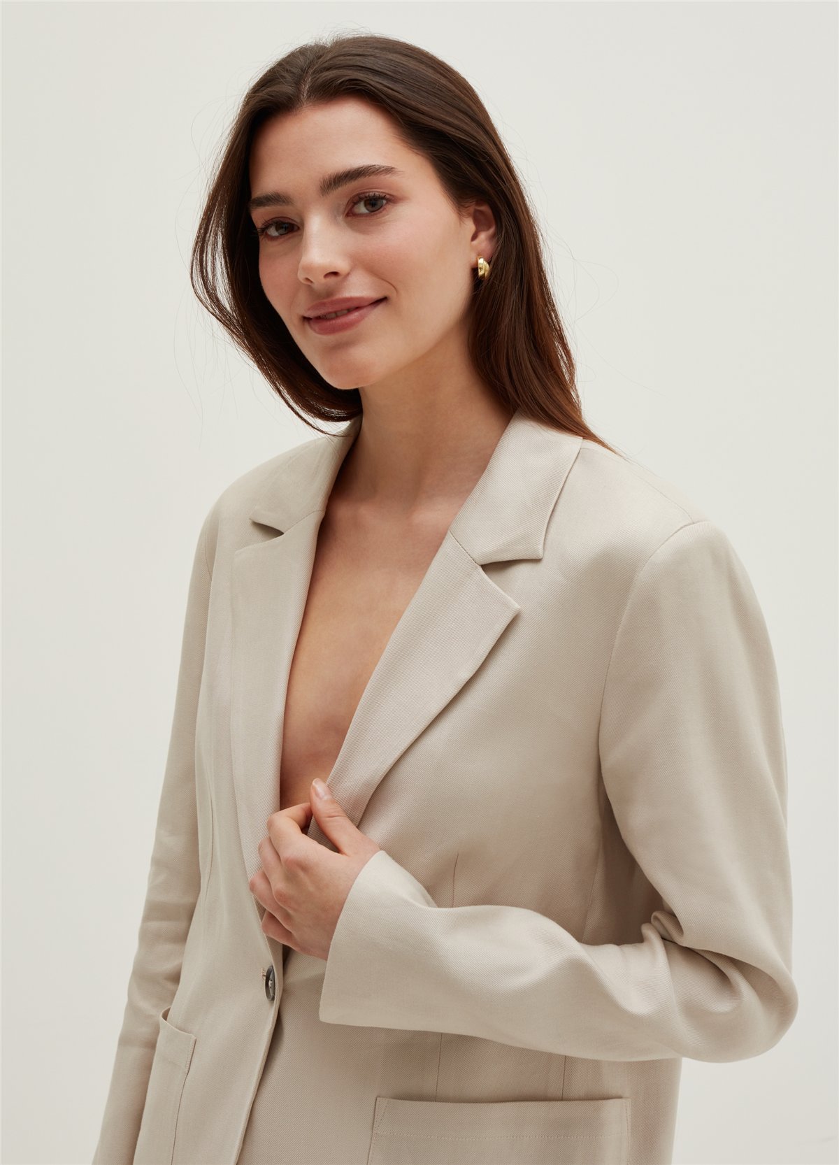Keten Ve Viskoz Karışımlı Bej Oversize Blazer