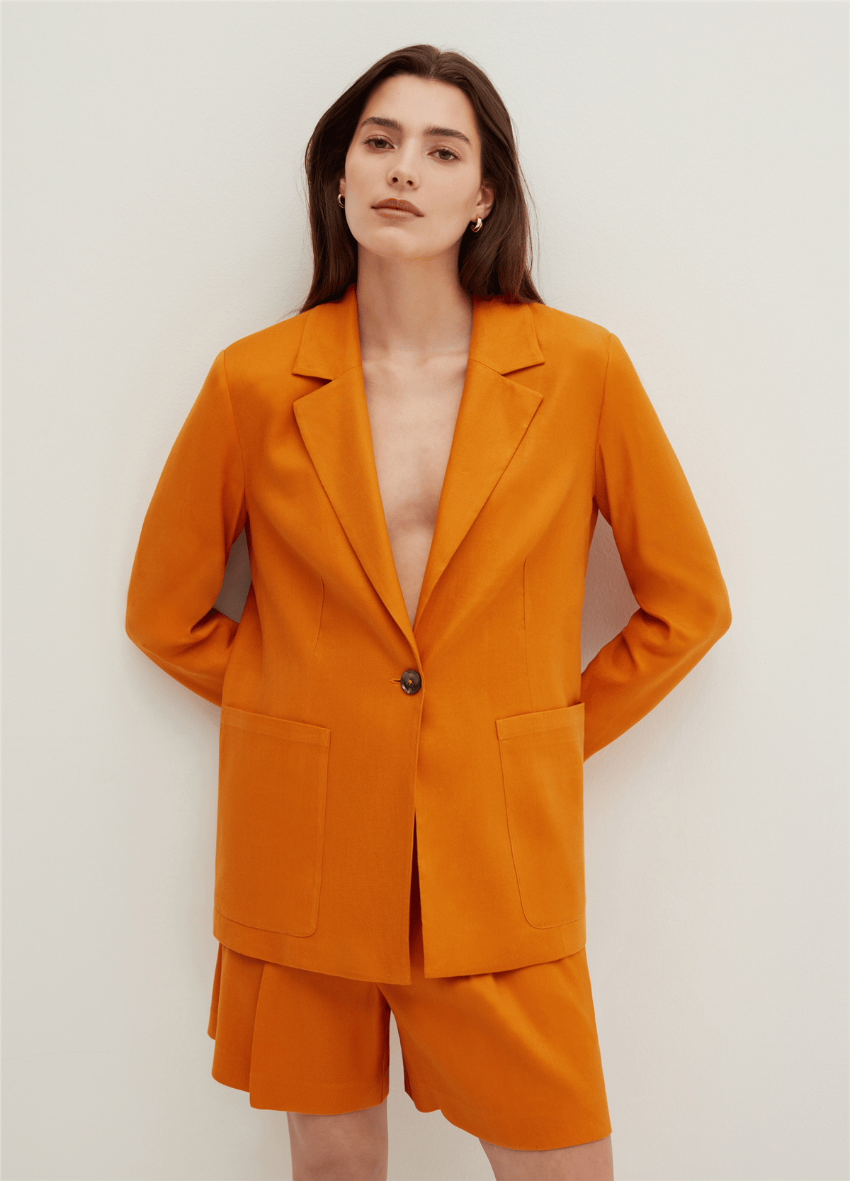 Keten Ve Viskoz Karışımlı Turuncu Oversize Blazer