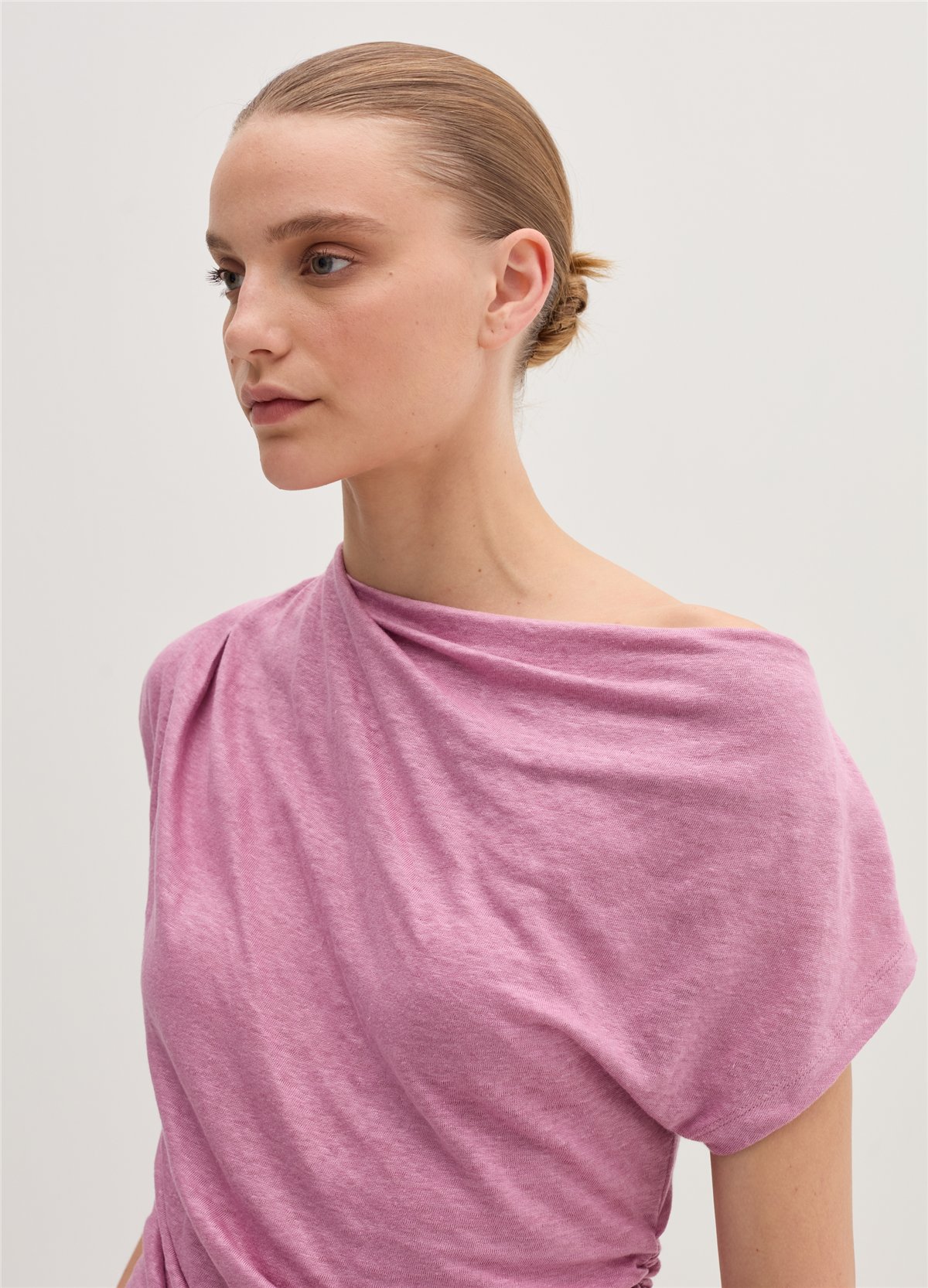 Kimono Kollu Ve Büzgülü Pembe Tişört