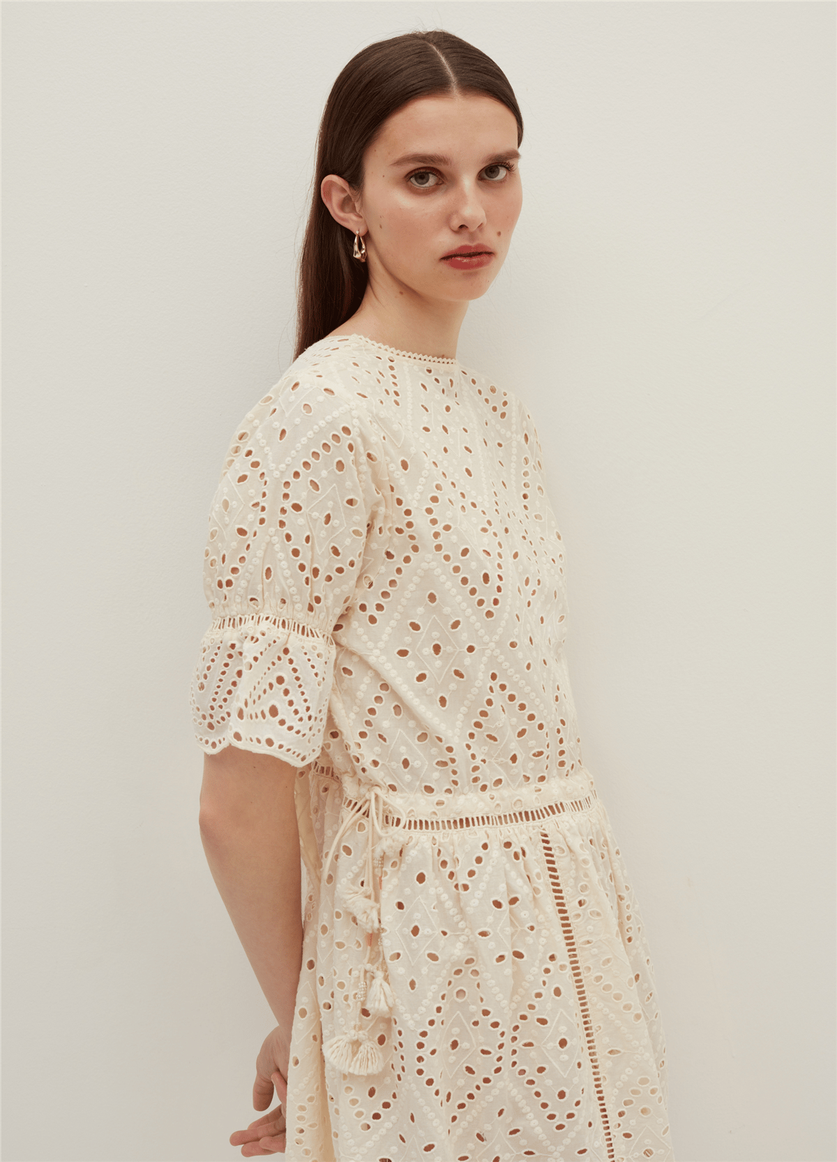 Kısa Broderie Anglaise Ekru Elbise
