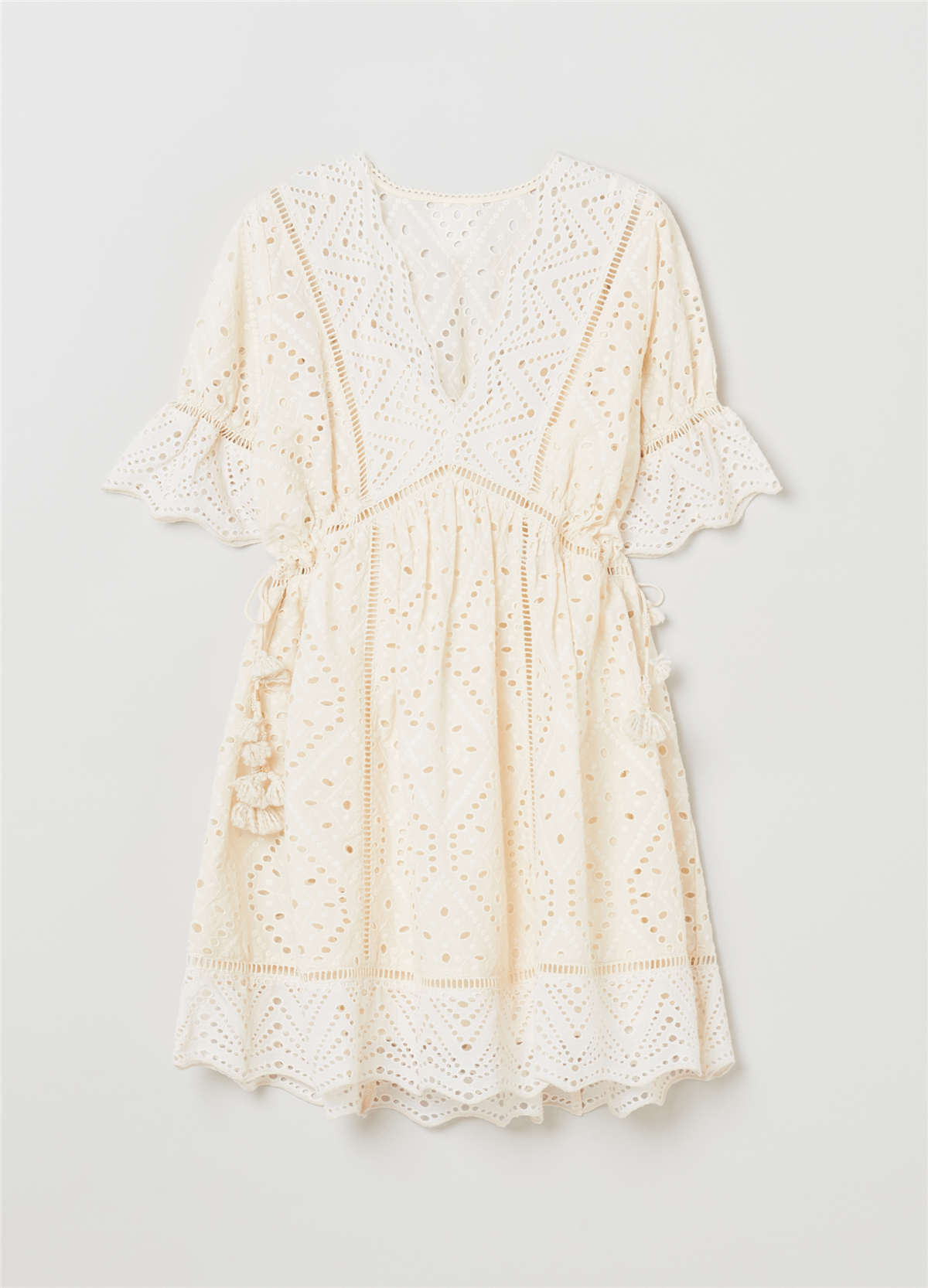 Kısa Broderie Anglaise Ekru Elbise
