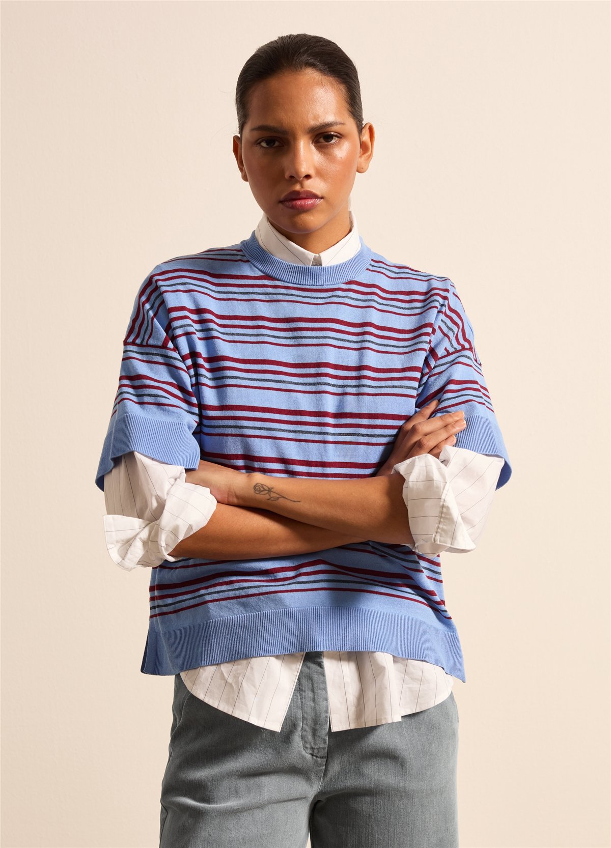 Lurex Detaylı Çizgili Crepe Mavi Tişört