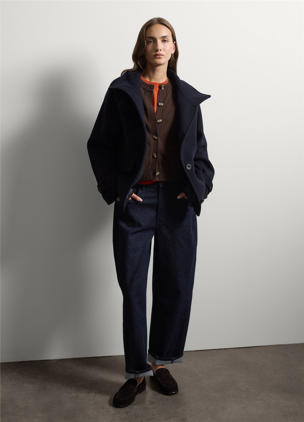 Mavi Dik Yakalı Oversize Fit Yün Karışımlı Ceket