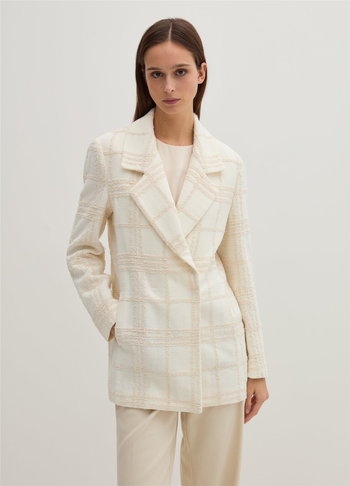 Pencere Kafesi Desenli Bukle Beyaz Blazer