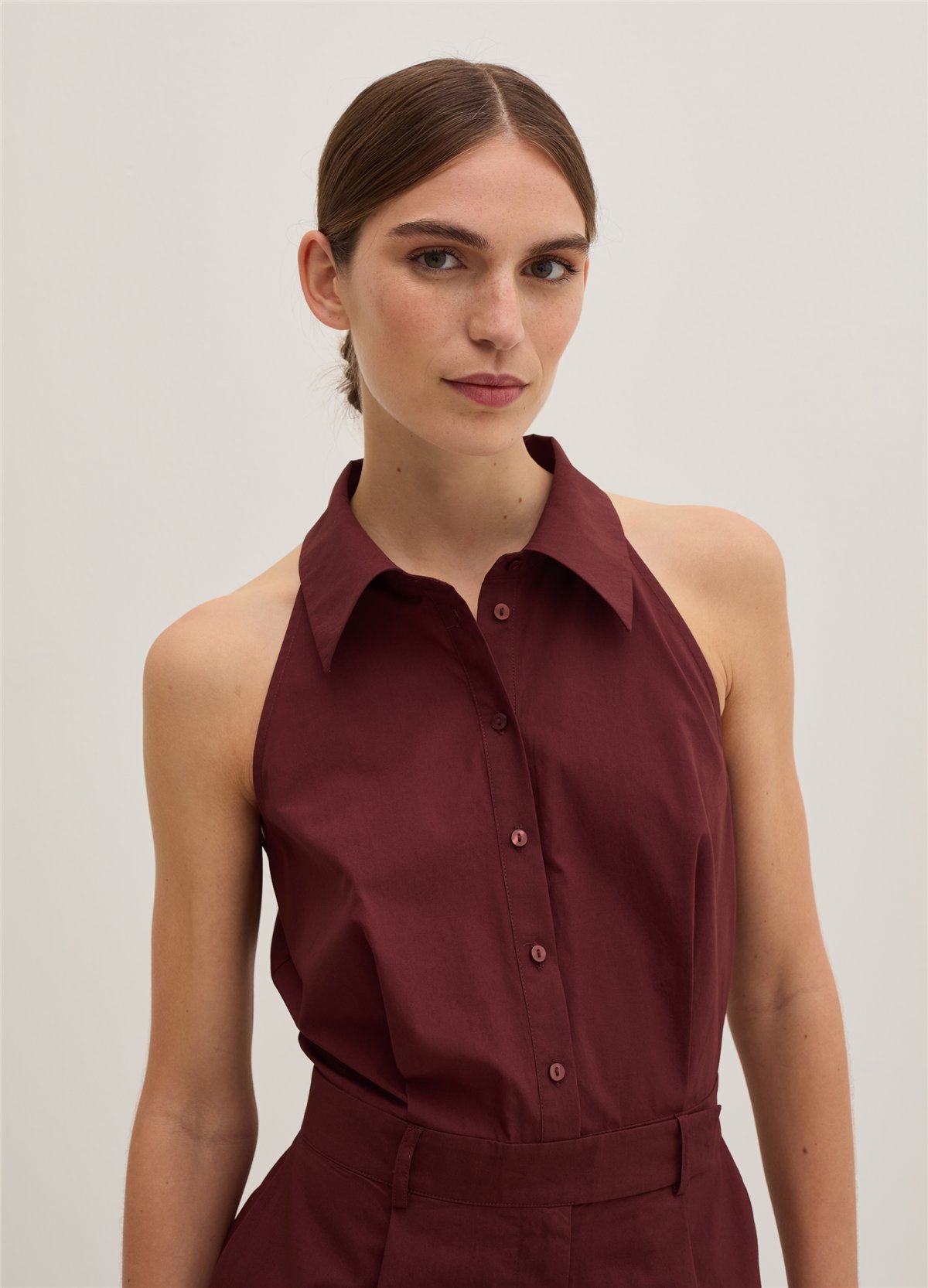 Poplin Kumaştan Kolsuz Bordo Gömlek Elbise