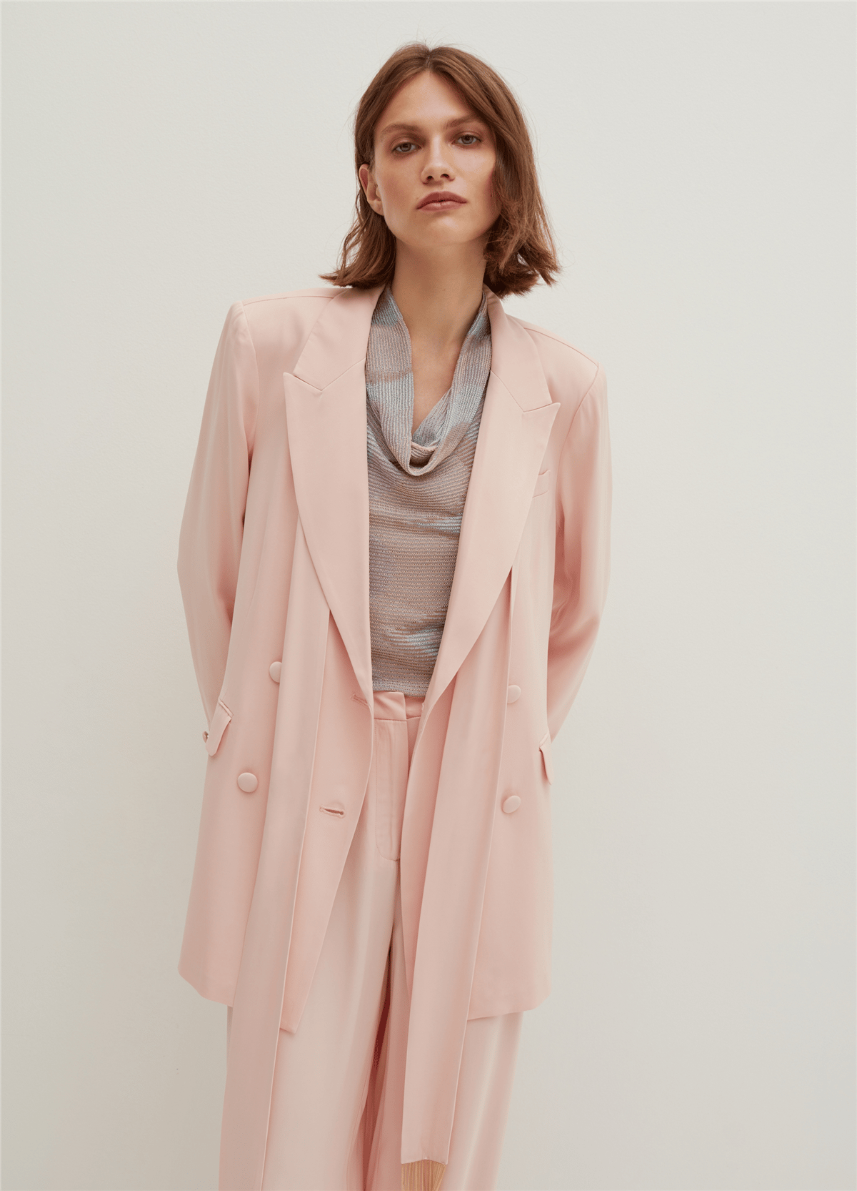 Saten Kruvaze Pudra Blazer