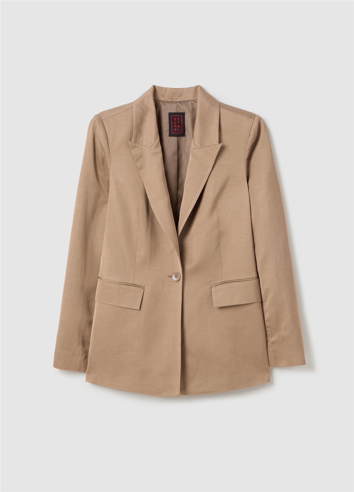 Saten Tek Düğmeli Bej Blazer