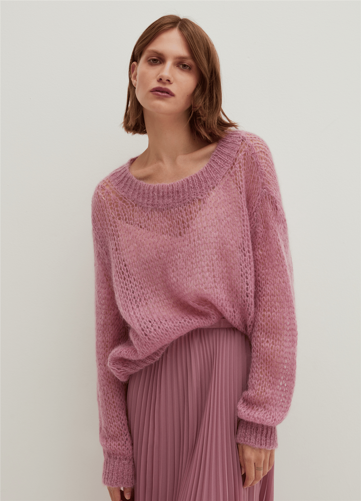 Tiftik Karışımlı Pembe Oversize Ajurlu Kazak