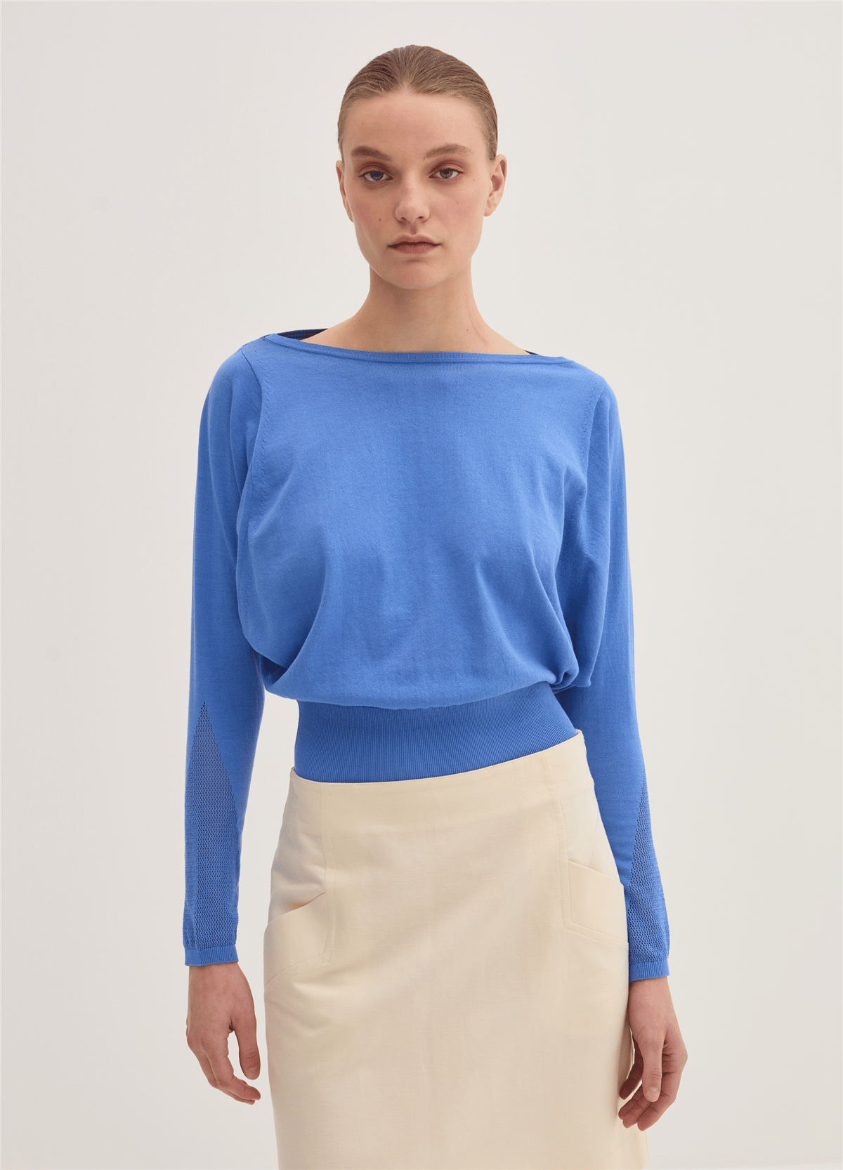 Tül Detaylı Crêpe Crop Mavi Bluz