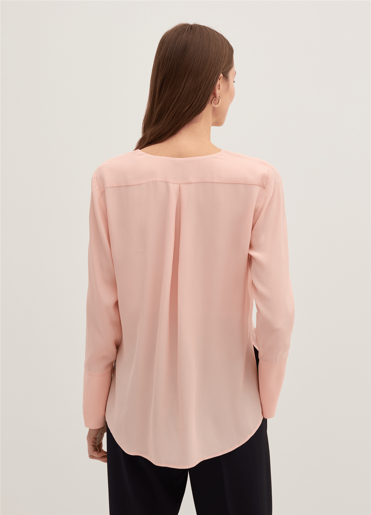 V Yaka Crêpe De Chine Pembe Bluz