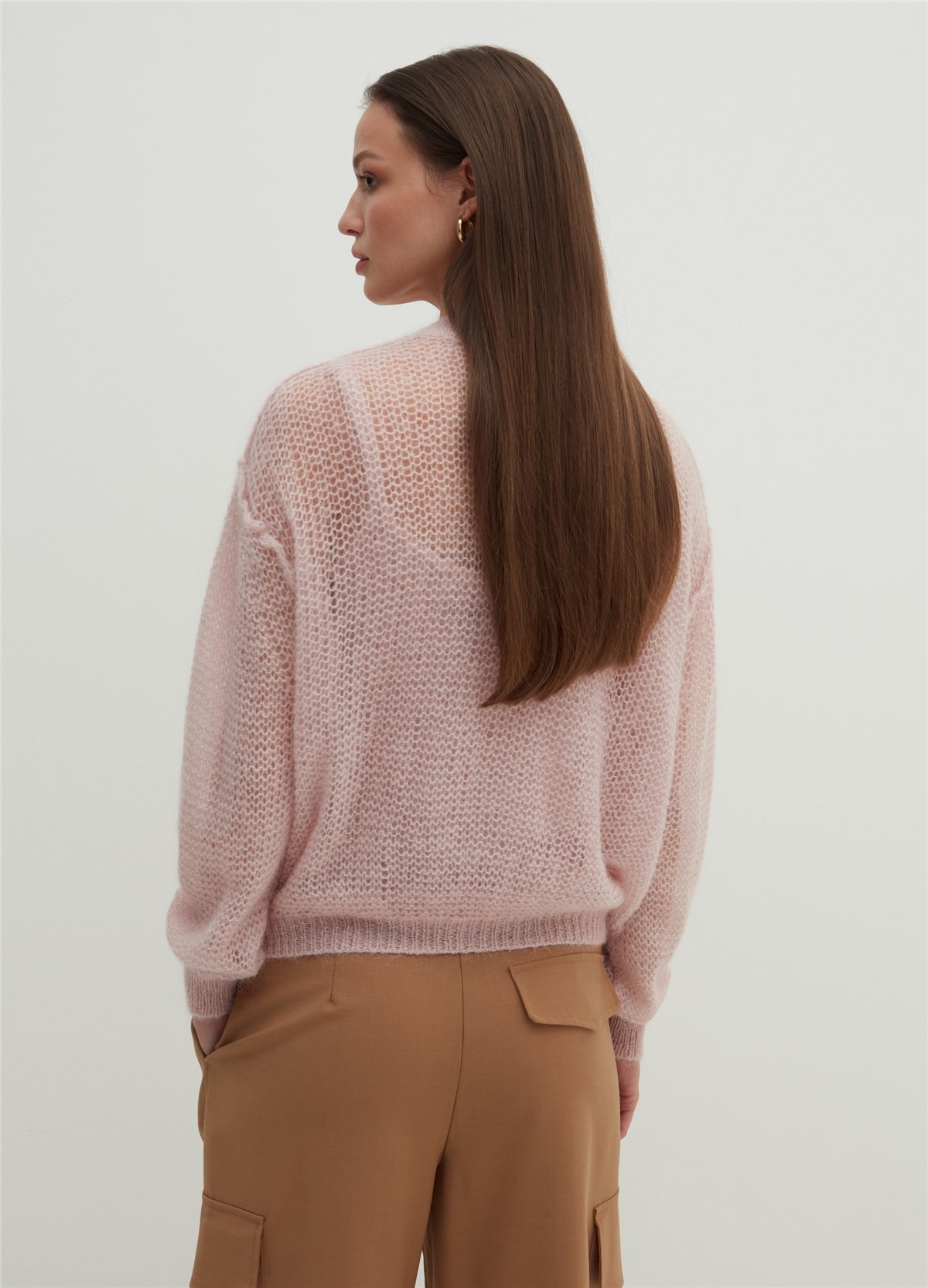 V Yaka Oversize Ajurlu Pembe Hırka