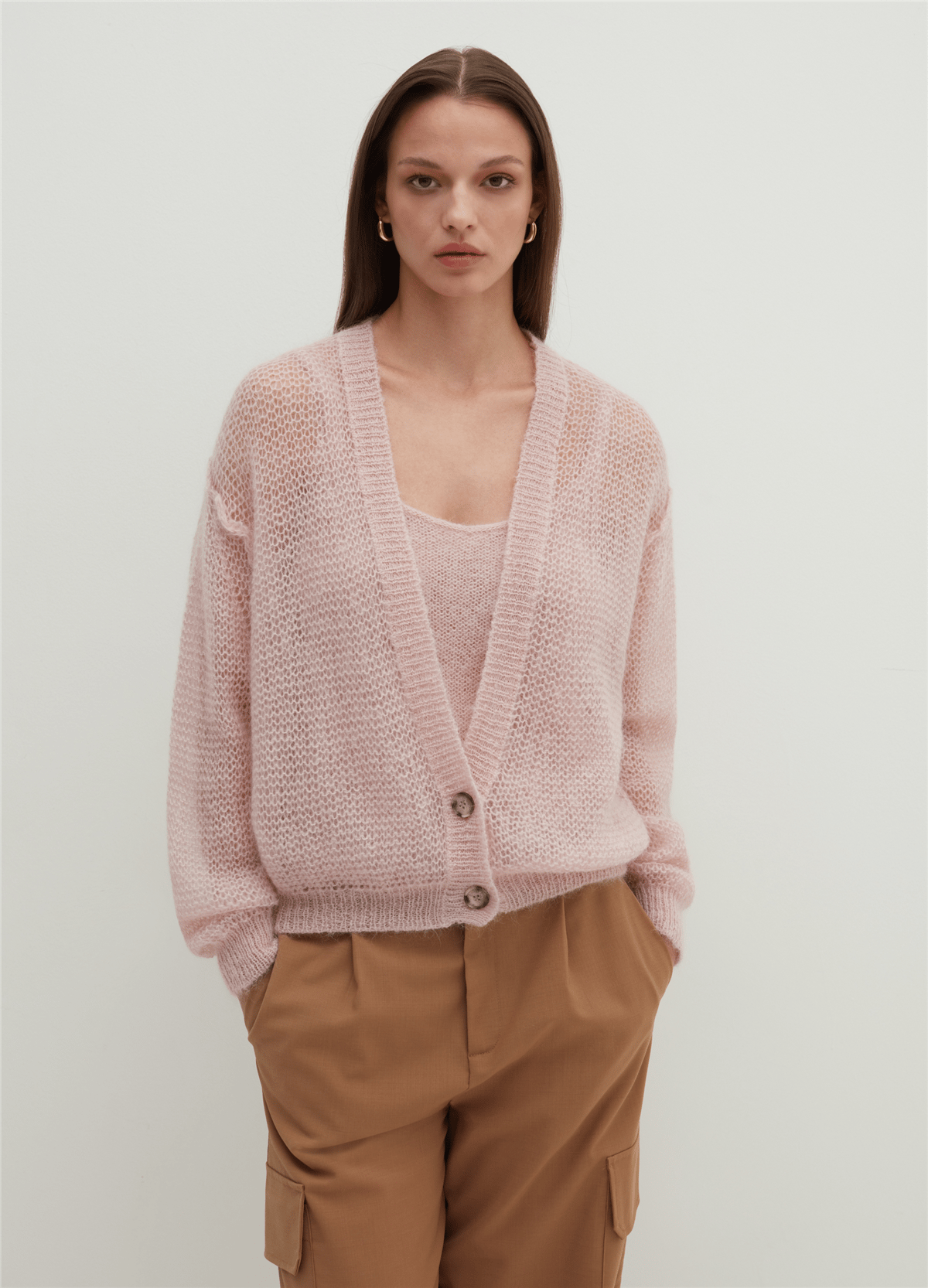 V Yaka Oversize Ajurlu Pembe Hırka