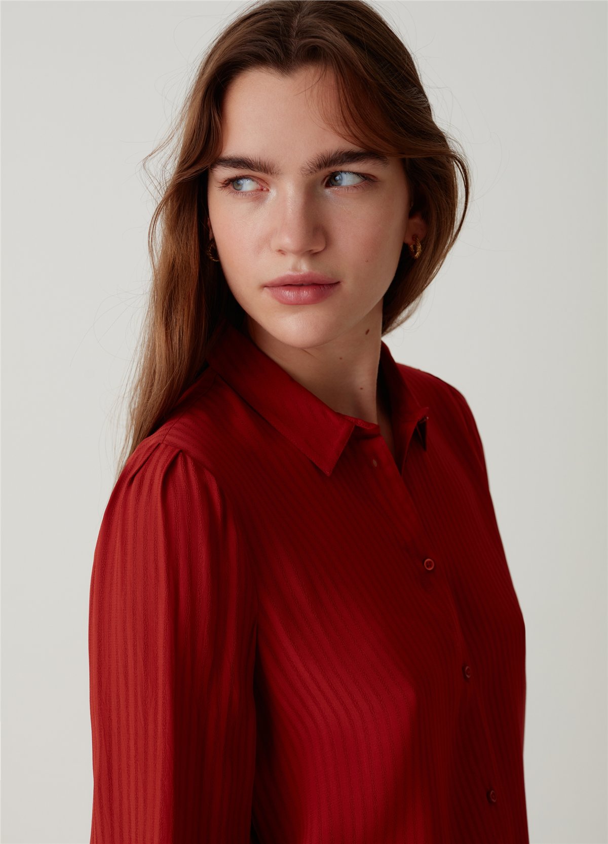 Viskoz Çizgili Kırmızı Gömlek