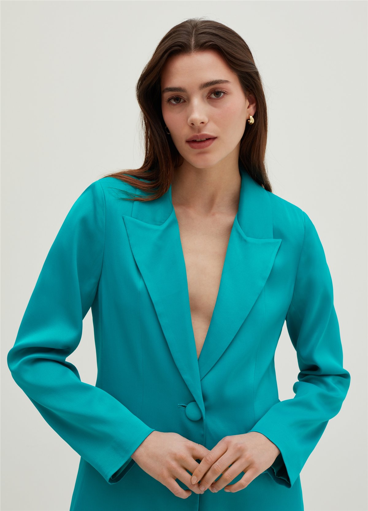 Viskoz Turkuaz Tek Düğmeli Blazer