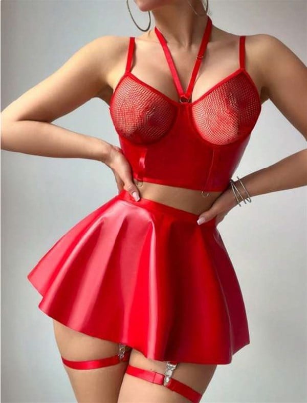 Arias Closet Kırmızı Etekli Pileli Jartiyer Görünümlü Fileli Fantezi Deri Elbise