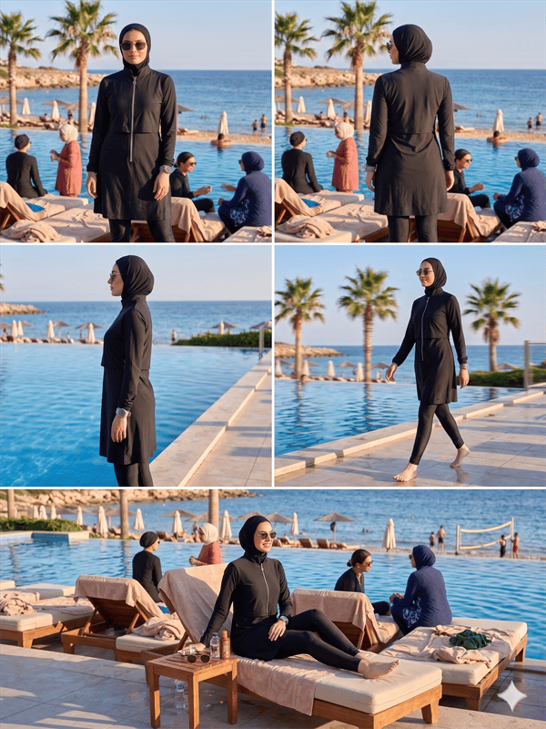 Arias Closet Paraşüt Basic Siyah Tam Kapalı Fermuarlı Spor Likralı Tesettür Mayo Takımı