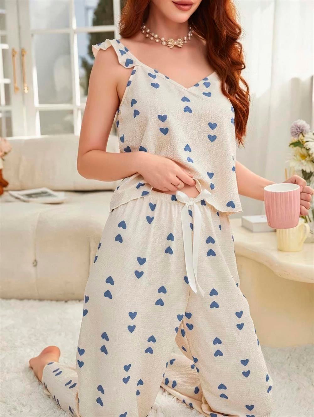 Kadın Ekru Mavi Kalp Desenli Yumuşak Pamuklu Uzun Pijama Takımı 5137