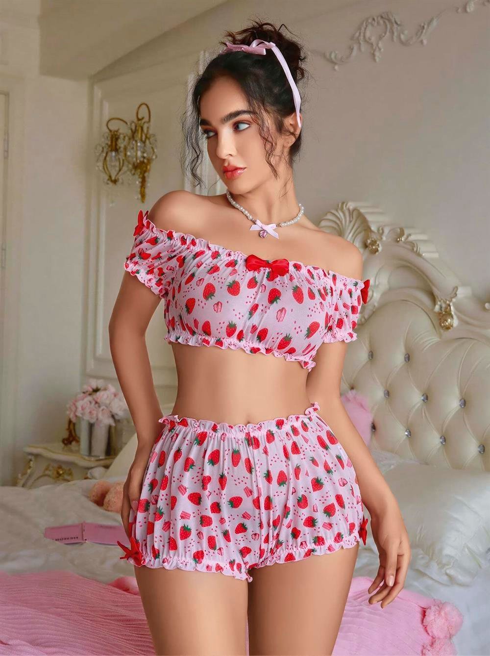 Kadın Pembe Çilek Desenli Fantezi Şort takım 2156