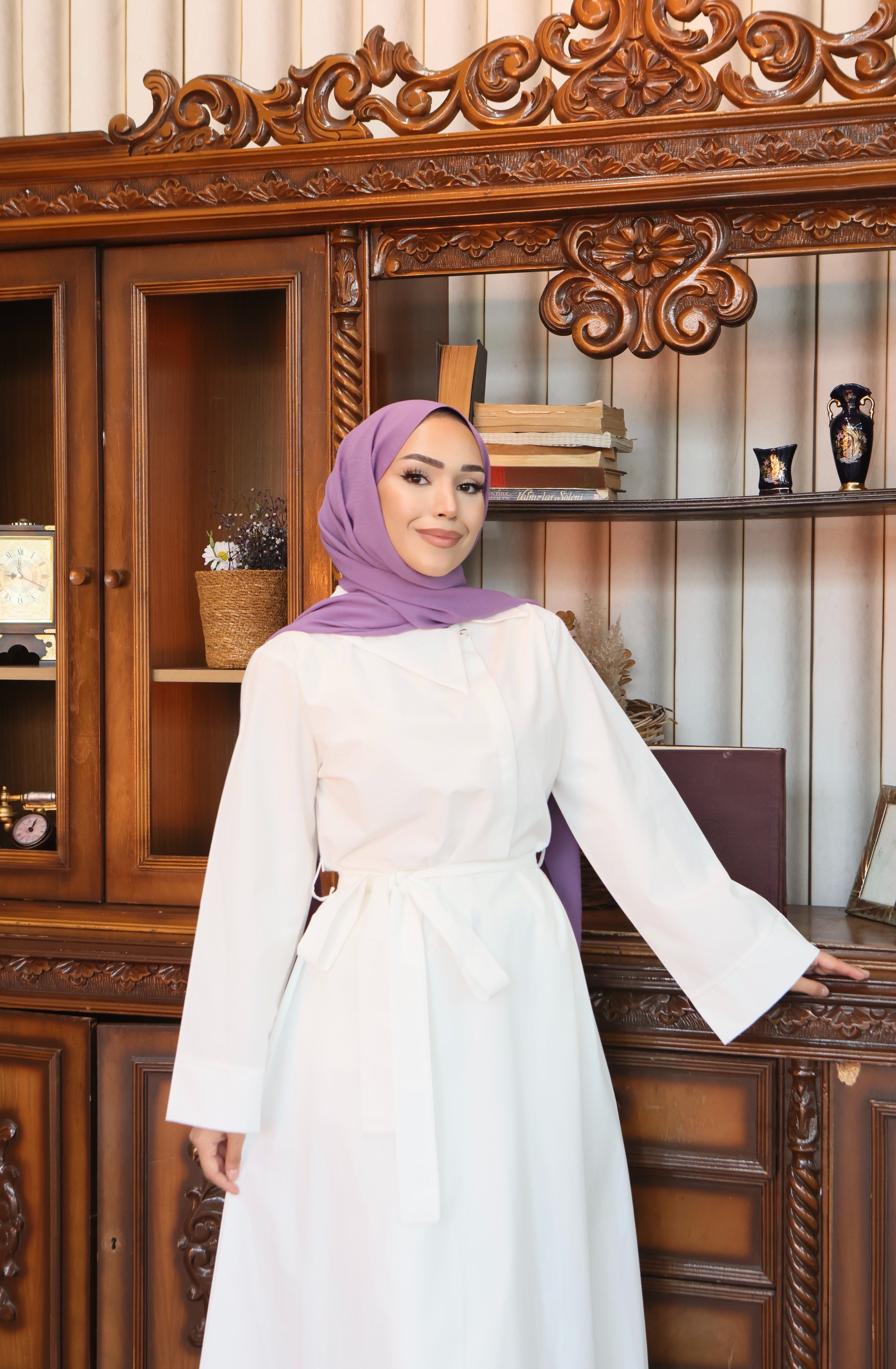 Bel Kuşaklı Poplin Beyaz elbise 
