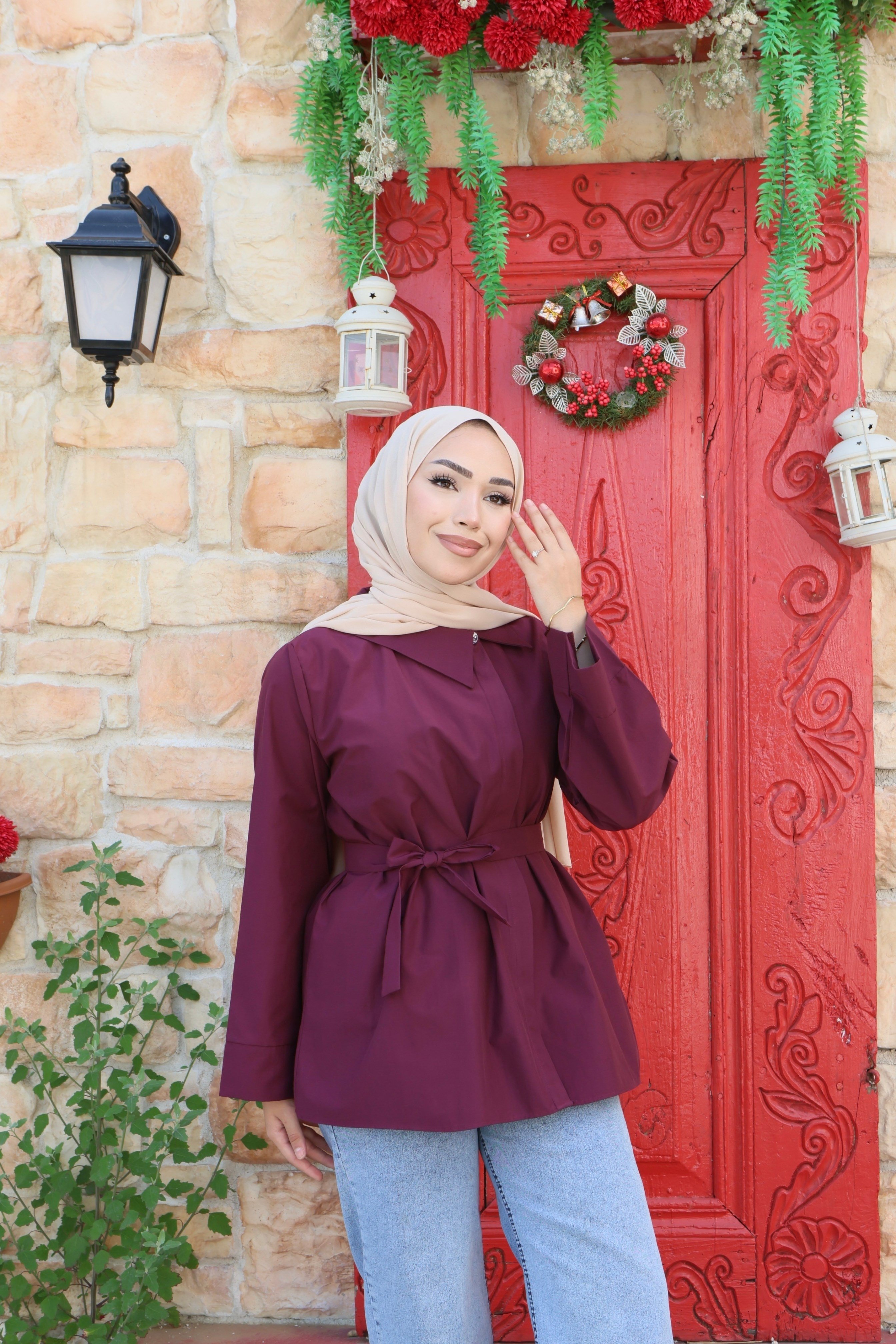 Belden Kuşaklı Geniş Kollu Poplin Gömlek