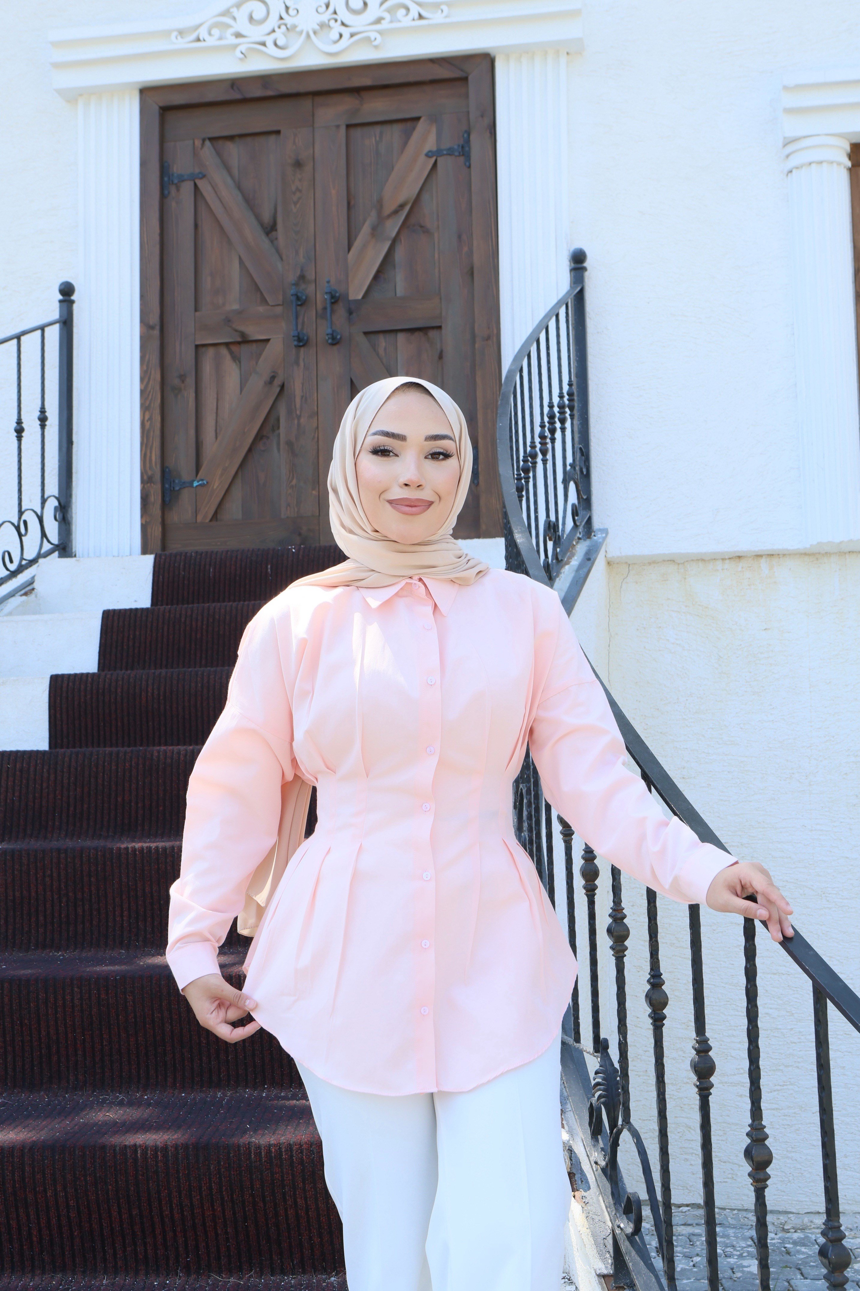 Belden Oturtmalı Pileli Gömlek - Pembe