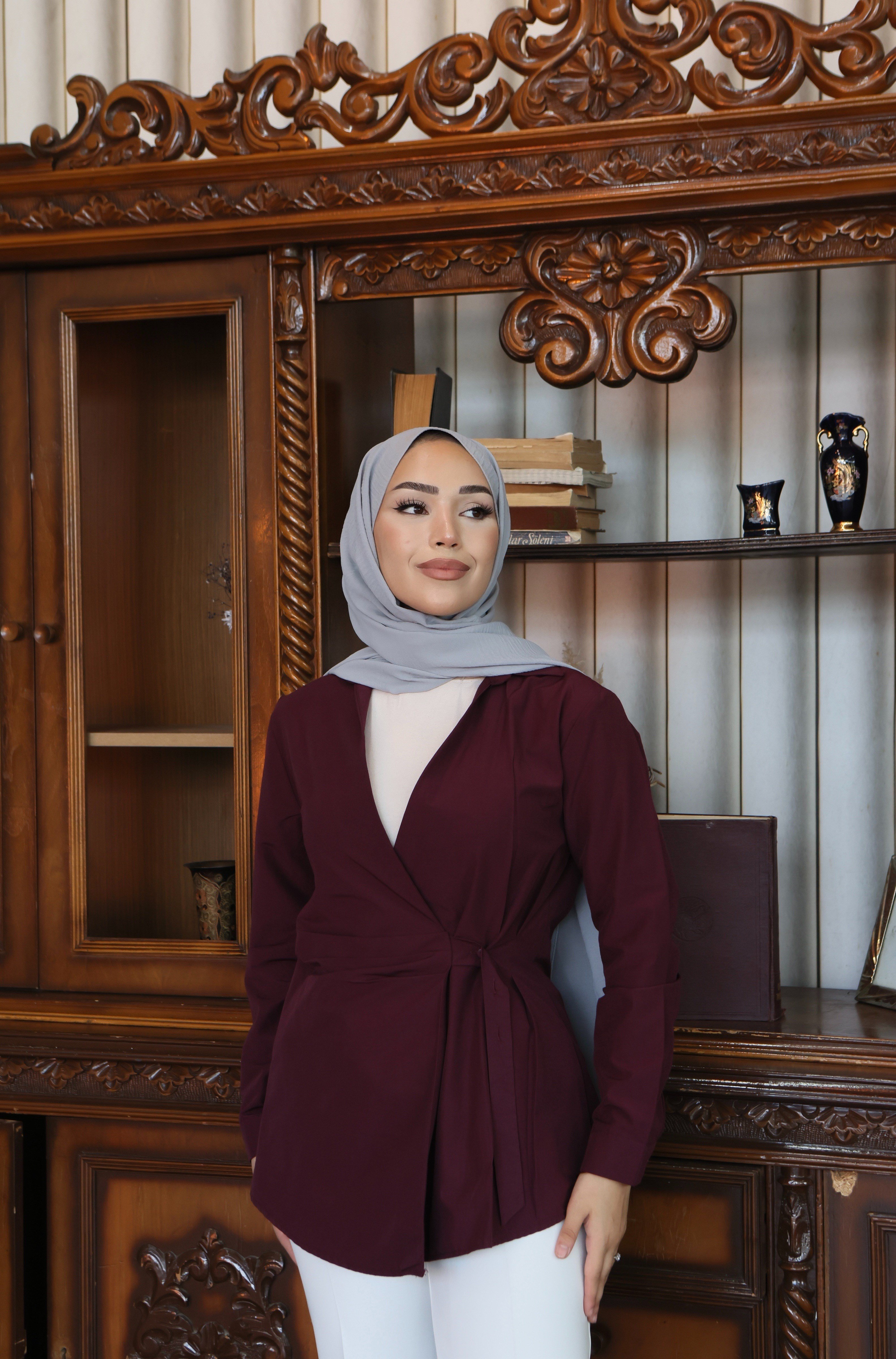 Kruvaze Bağlamalı Poplin Gömlek - Bordo