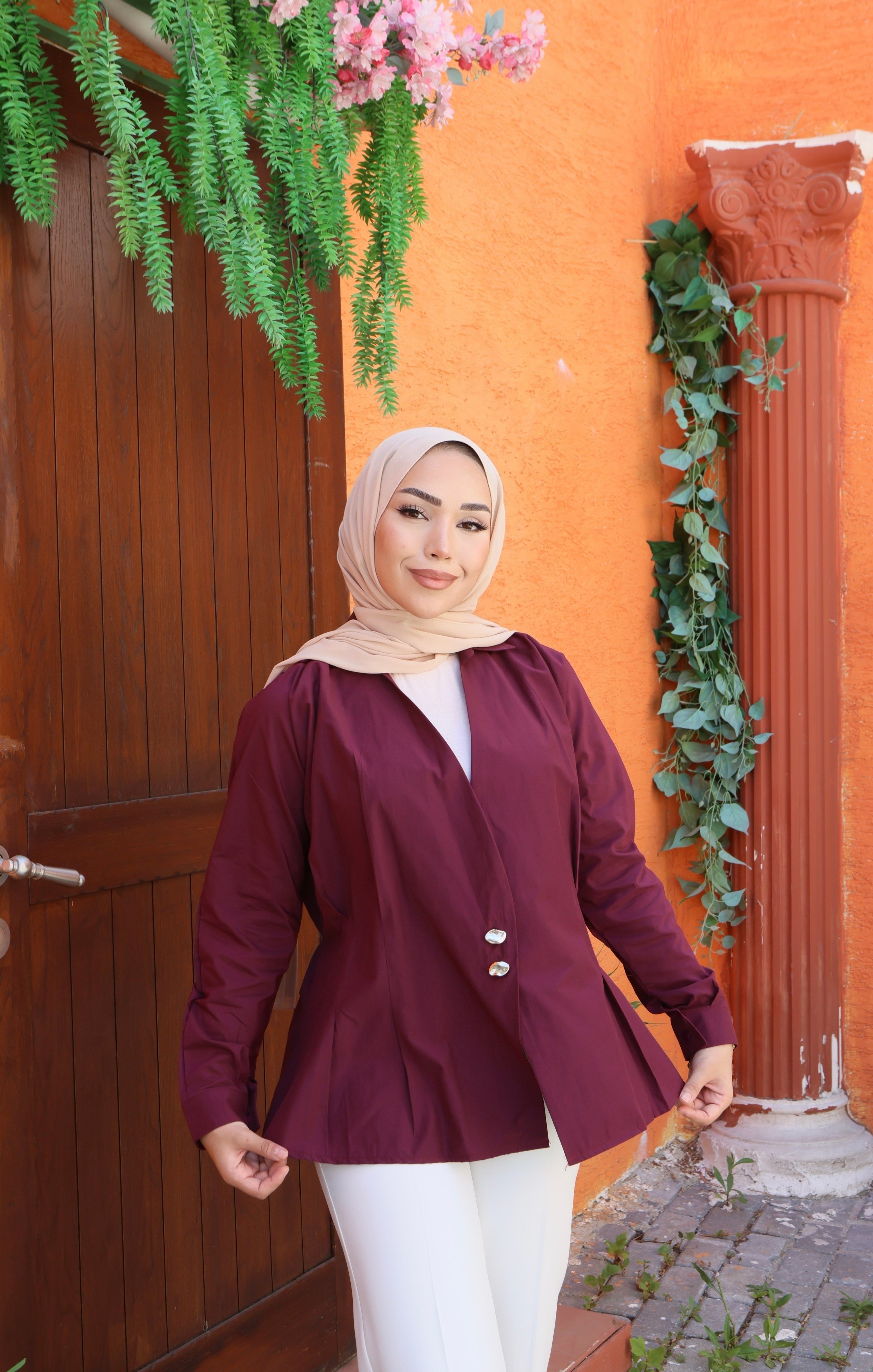 Kruvaze Kesim Düğme Detaylı Gömlek - Bordo