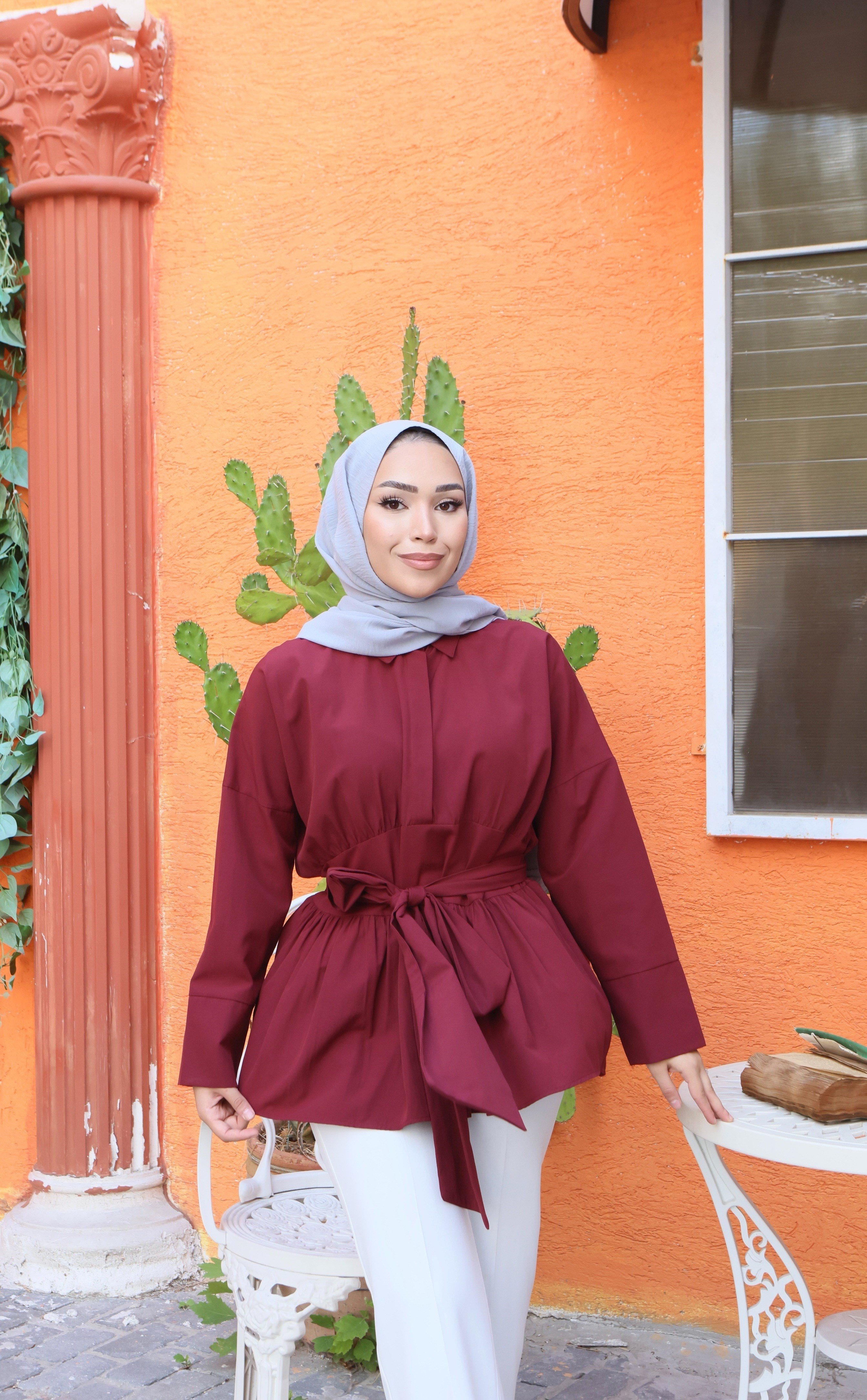 Kuşak Detaylı Salaş Gömlek Bordo