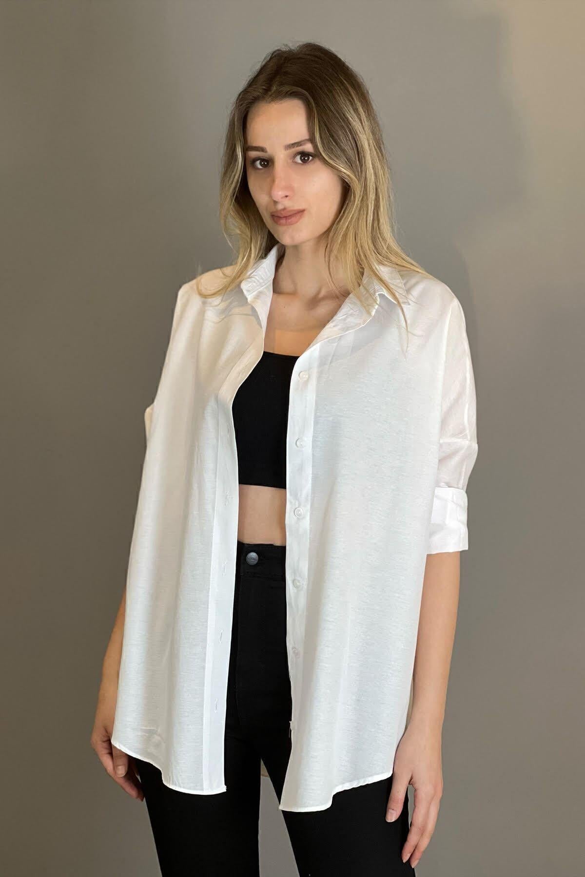 Yeni Sezon Oversize Beyaz Kadın Gömlek