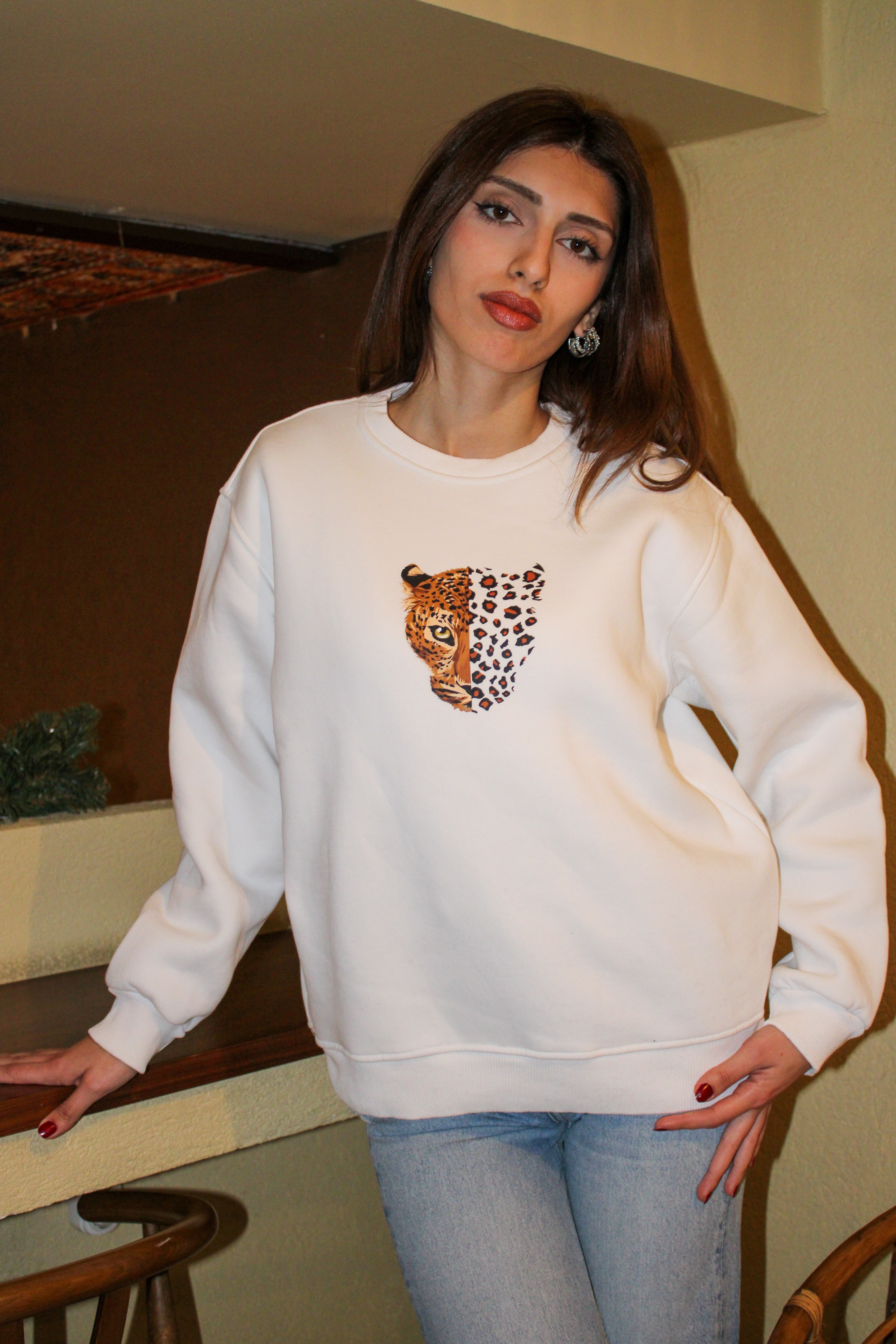 Leopar Oversize Kadın Sweat