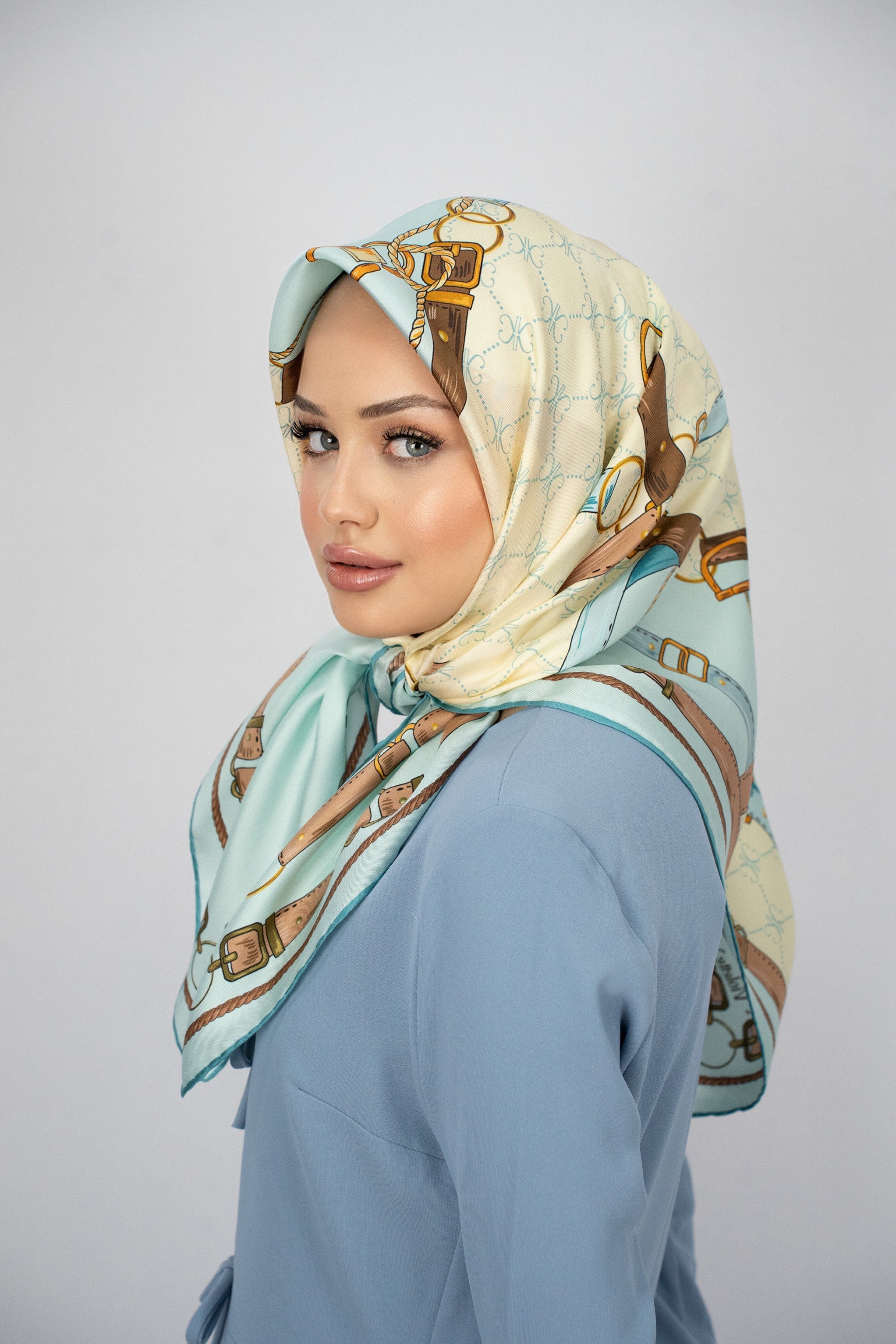 BIANCA MAVİ-KAHVE TİVİL İPEK EŞARP 90x90