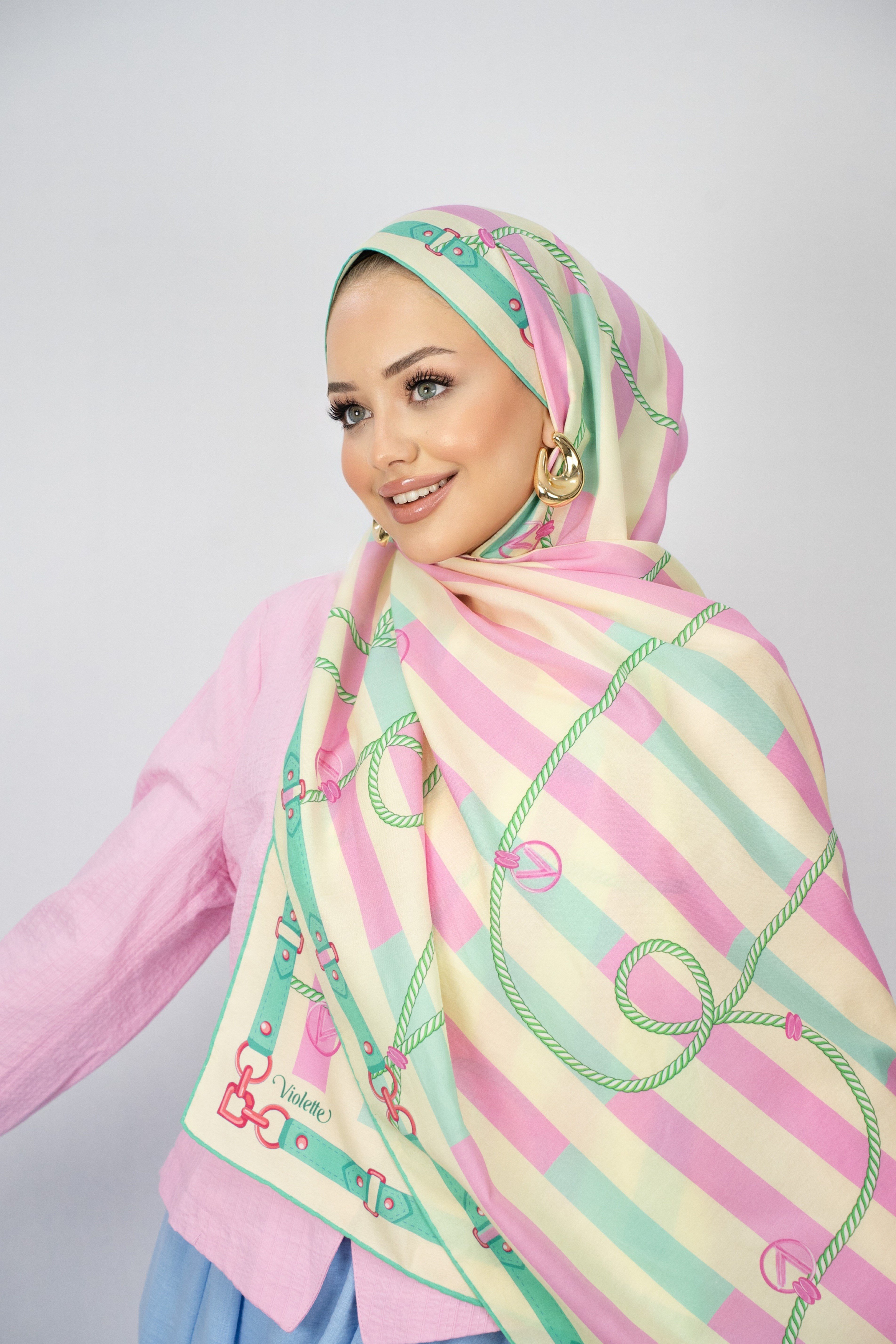 VİOLA ŞAL PEMBE-YEŞİL PAMUK İPEK 70*200