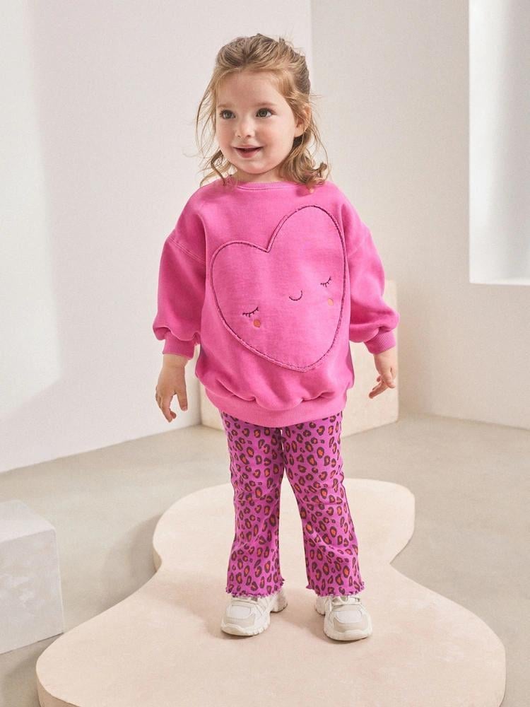 Leopar Kalp Desenli Taytlı Takım - Pembe