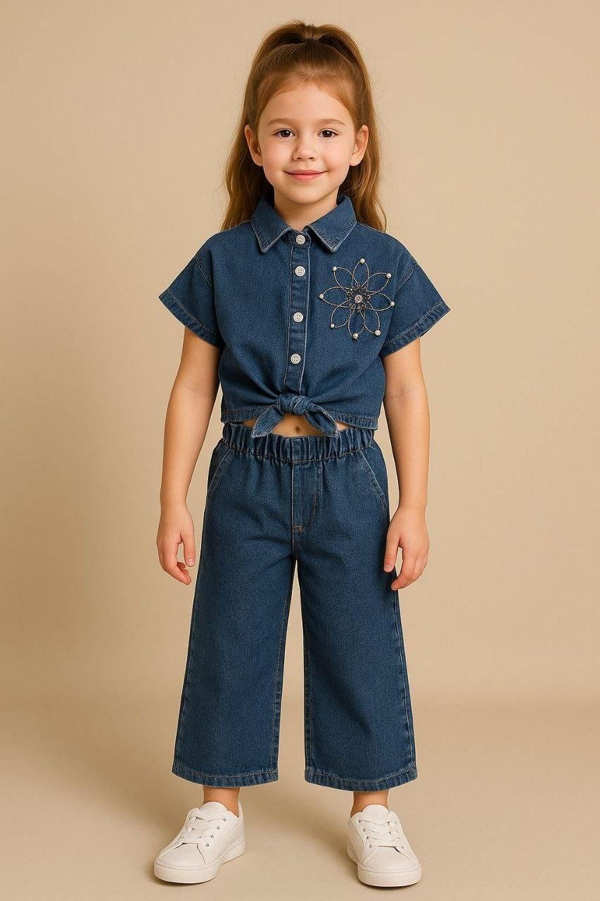 Papatya İşlemeli Denim Takım
