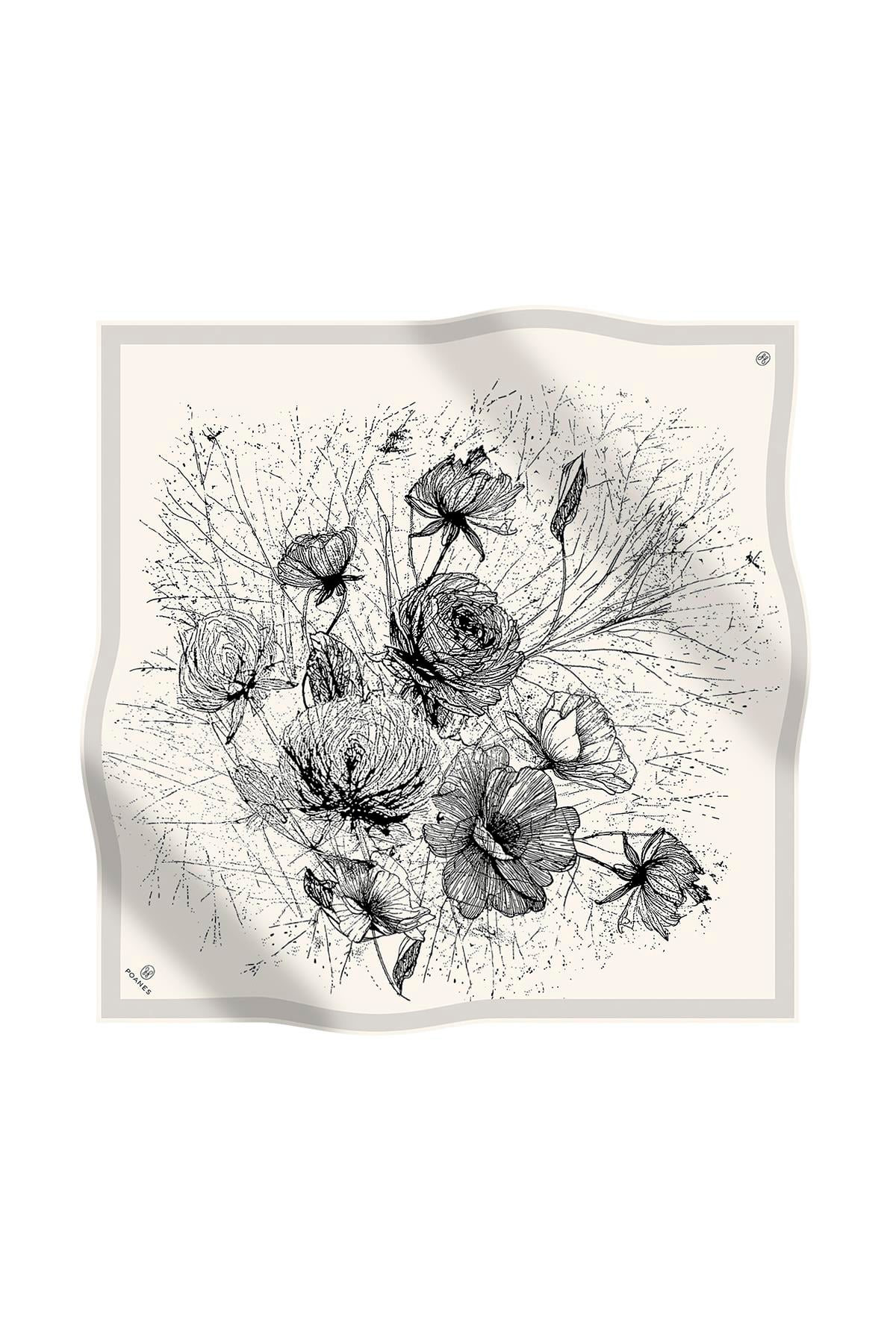 ÇİZİM ÇİÇEK DESENLİ TWILL İPEK EŞARP