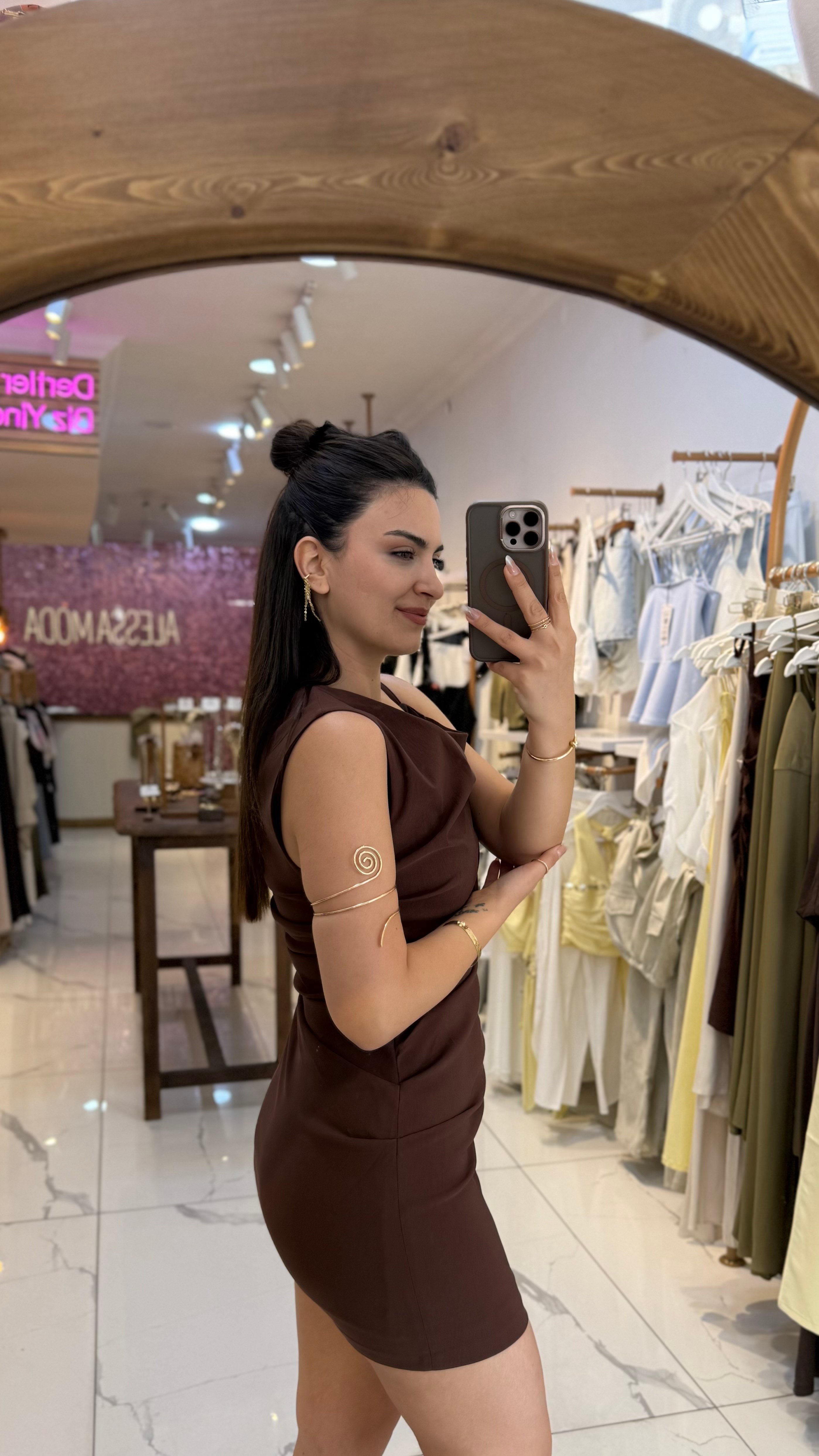 Drapeli Tek Omuz Mini Elbise