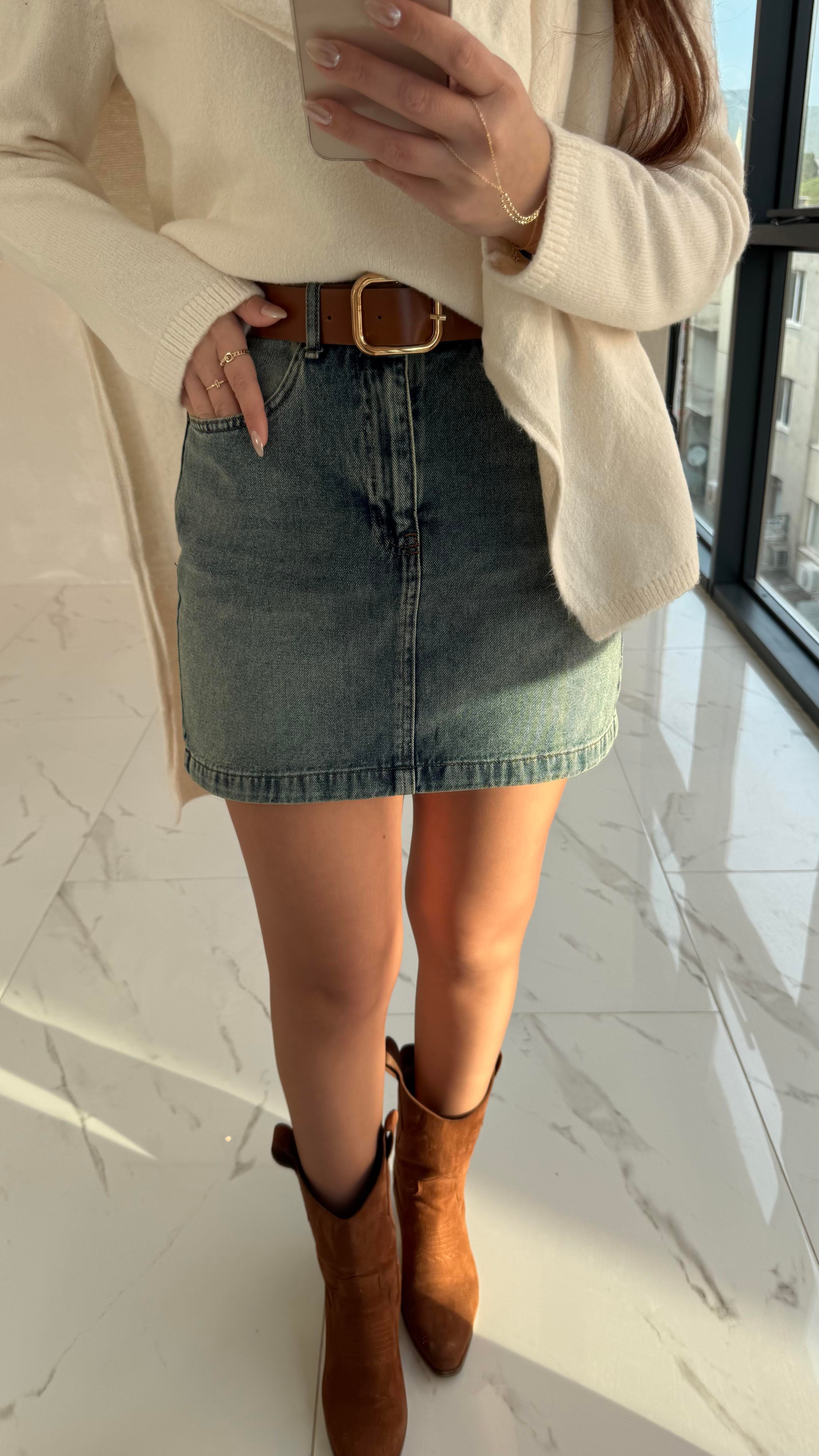 Kemerli Denim Etek