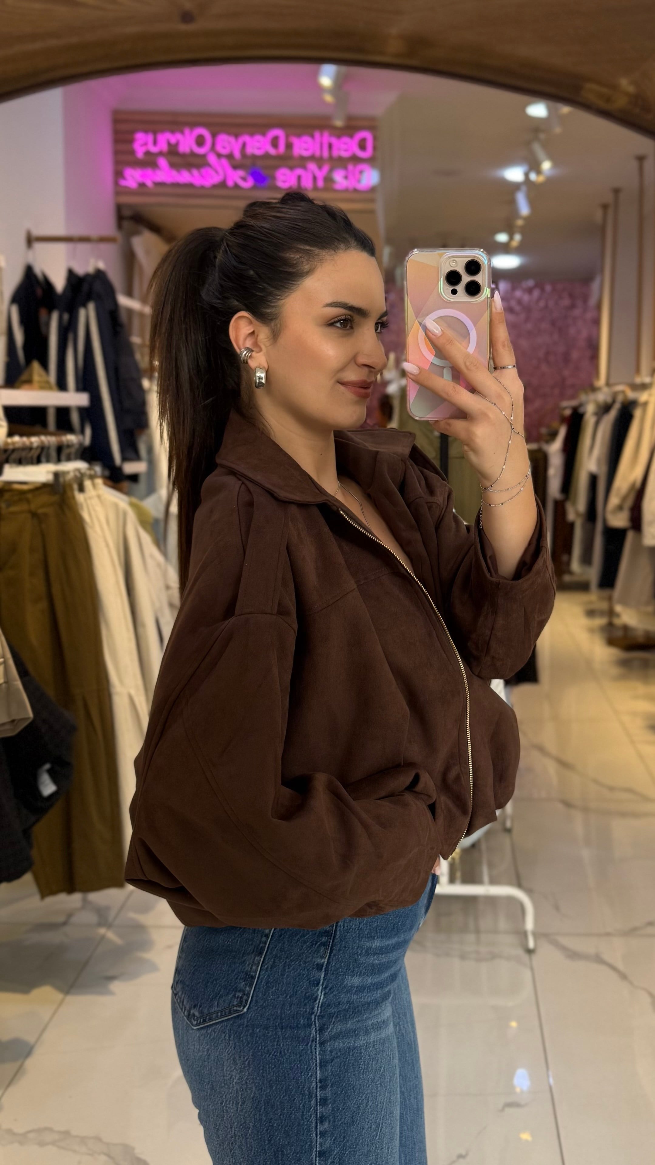 Süet Oversize Bomber Ceket