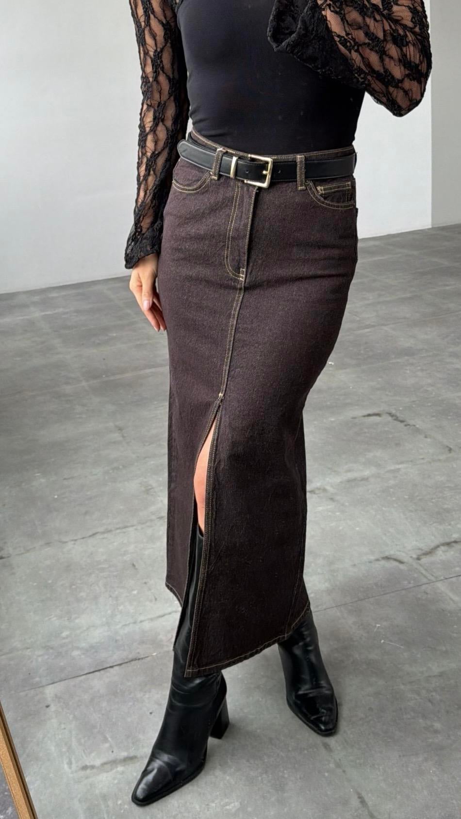 Yırtmaçlı Denim Etek