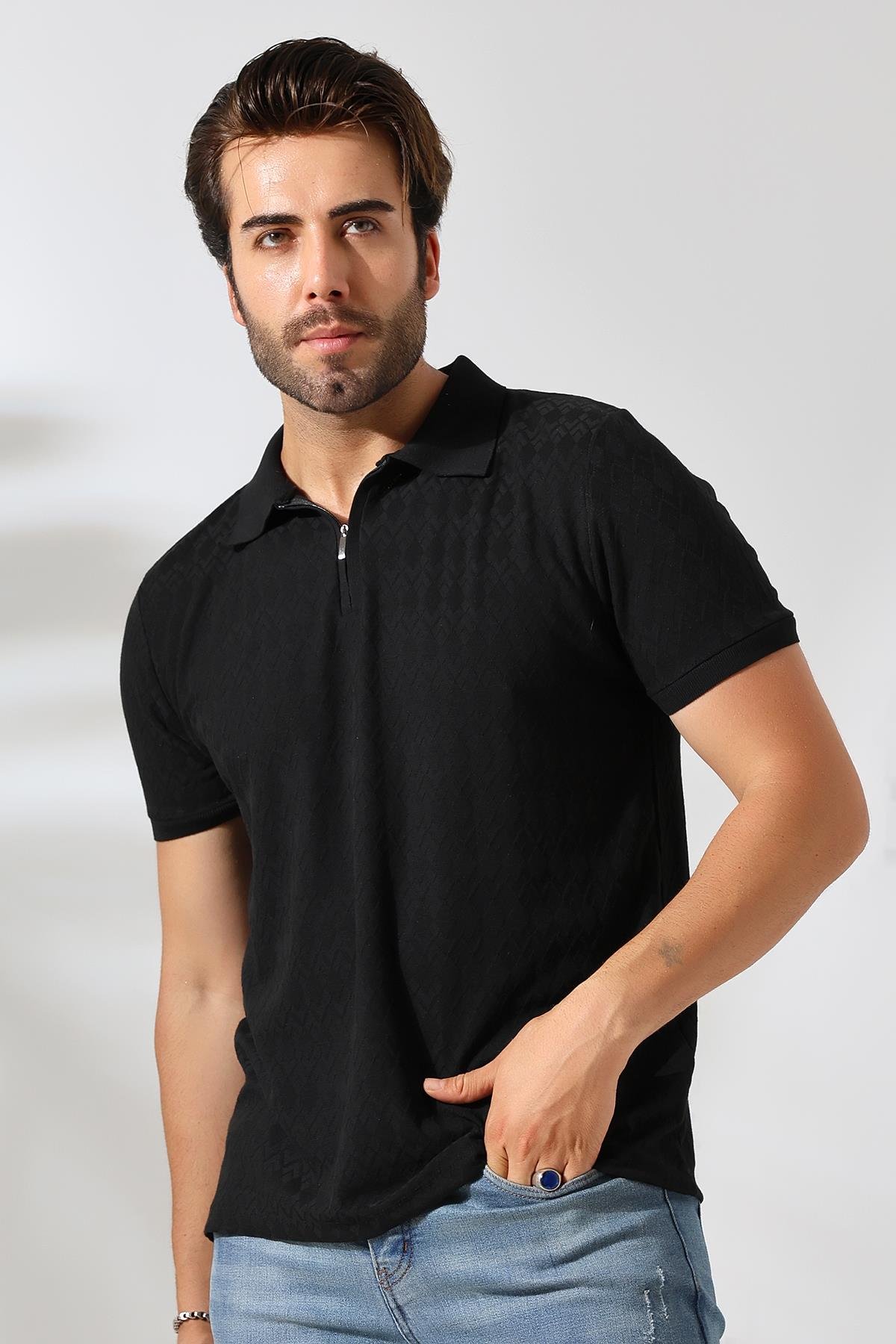 Bernal Erkek Siyah Yumuşak Dokulu Regular Fit Baklava Jakar Polo Yaka Fermuarlı T-shirt & Tişört