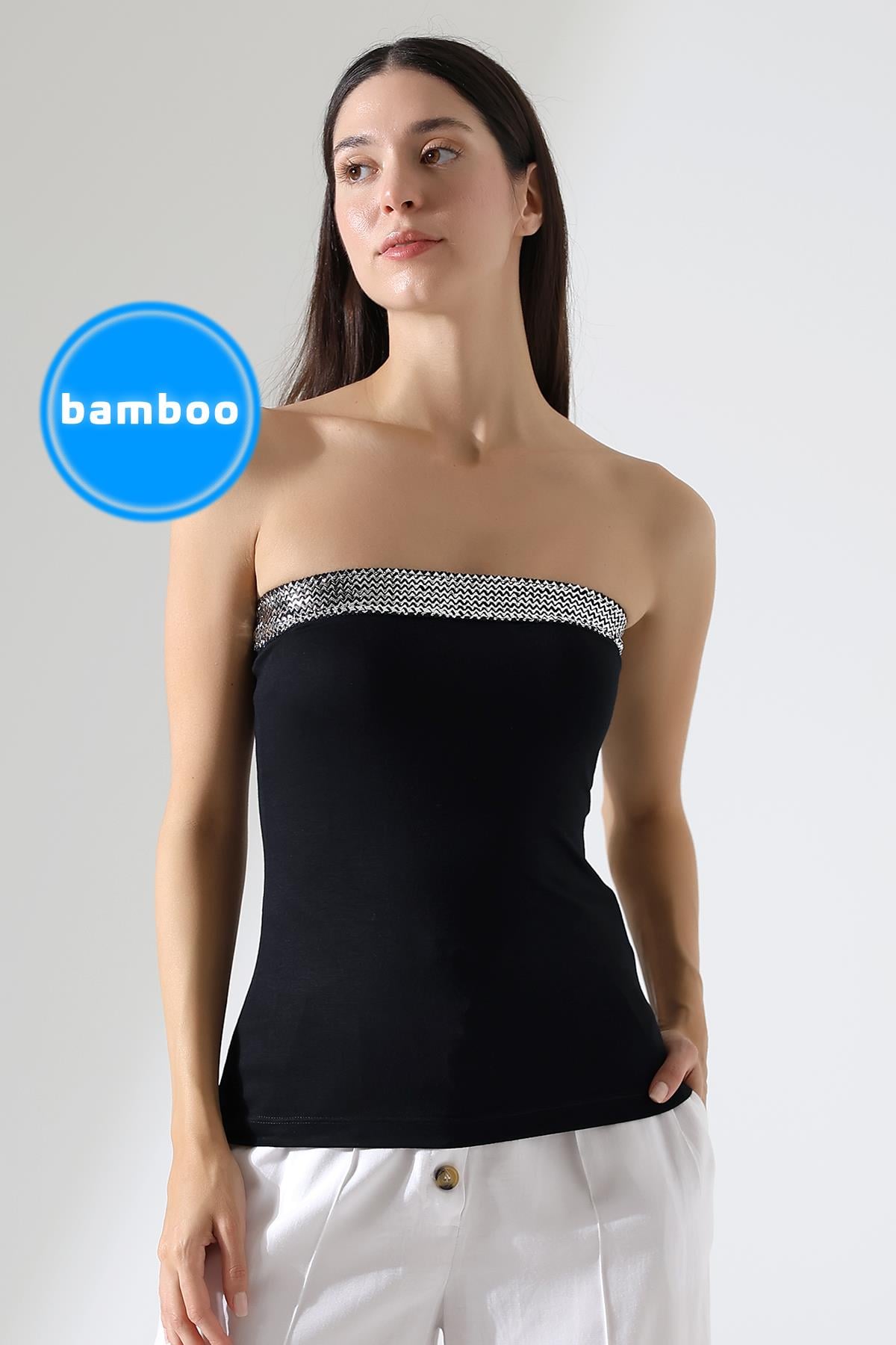 Bimbo Kadın Gümüş Şerit Detaylı Bambu Straplez Top & Bluz - Siyah