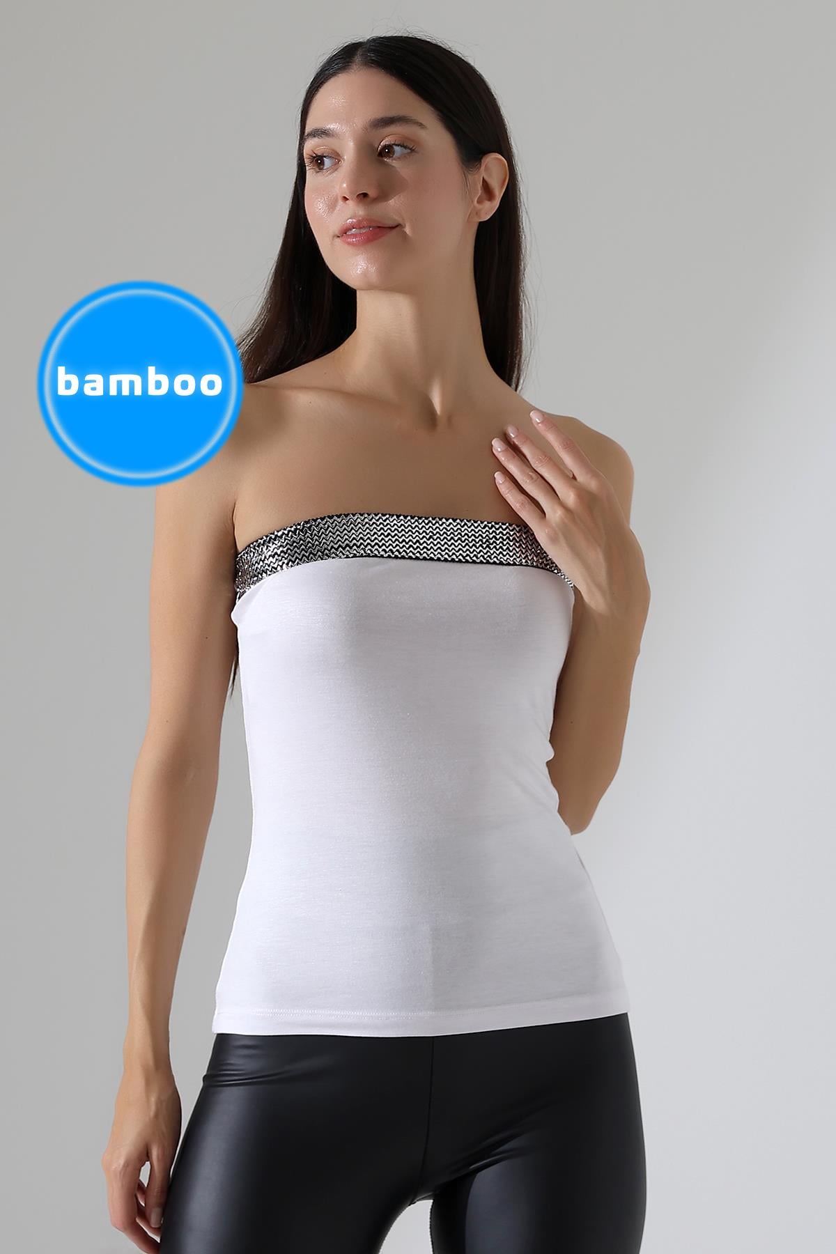 Bimbo Kadın Gümüş Şerit Detaylı Bambu Straplez Top & Bluz - Beyaz