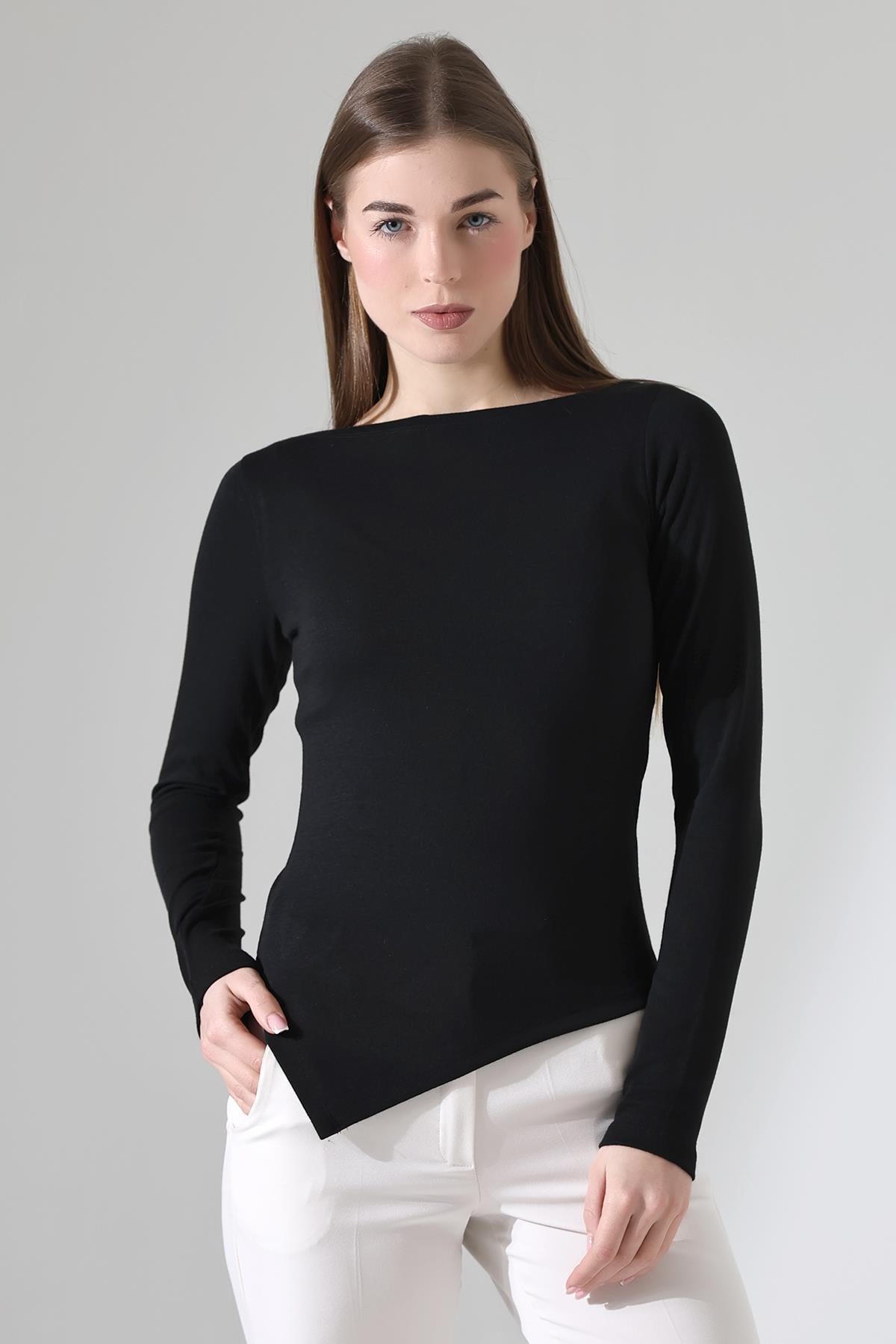 Evora Kadın Asymmetric Kayık Yaka Uzun Kollu Thermal (TERMAL) Bluz & Top - Siyah