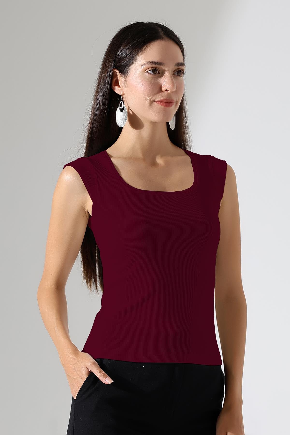 Leon U Yaka Ay Kollu Slim Fit Esnek Basic Kaşkorse Kadın Top & Bluz & Tshirt - Bordo
