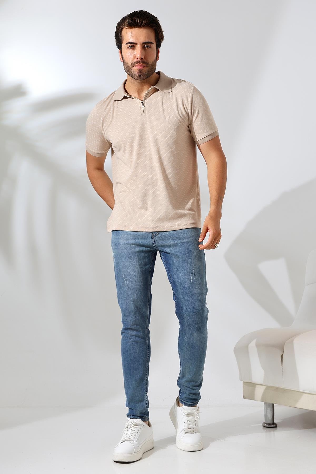 Moreno Erkek Yumuşak Dokulu Regular Fit Verev Diagonal Jakar Polo Yaka Fermuarlı T-shirt & Tişört