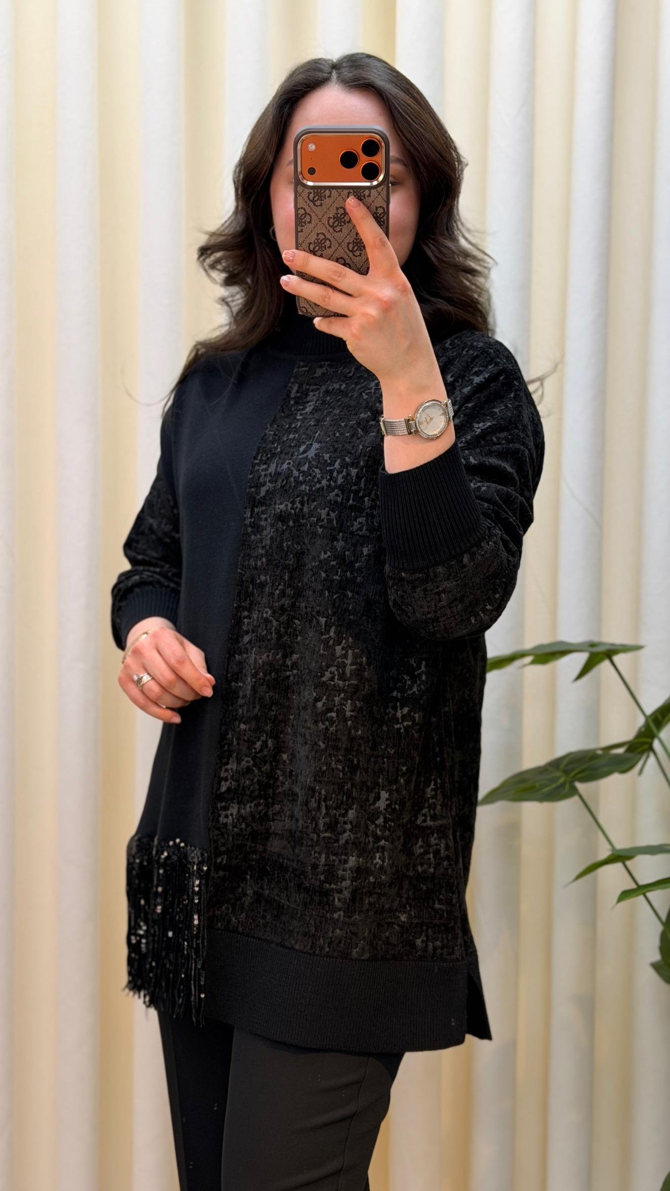 GHİSA KADİFE BLOK GEÇİŞLİ TUNİK 4204 SİYAH